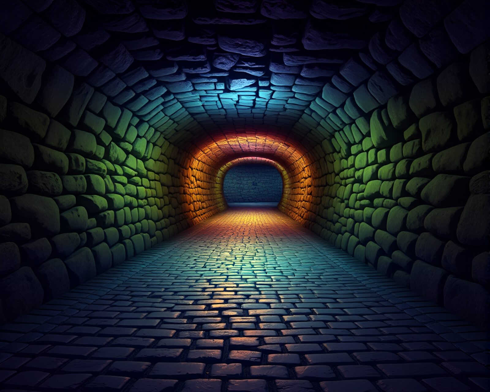Futuristic neon-lit underground bunker with cobblestone path