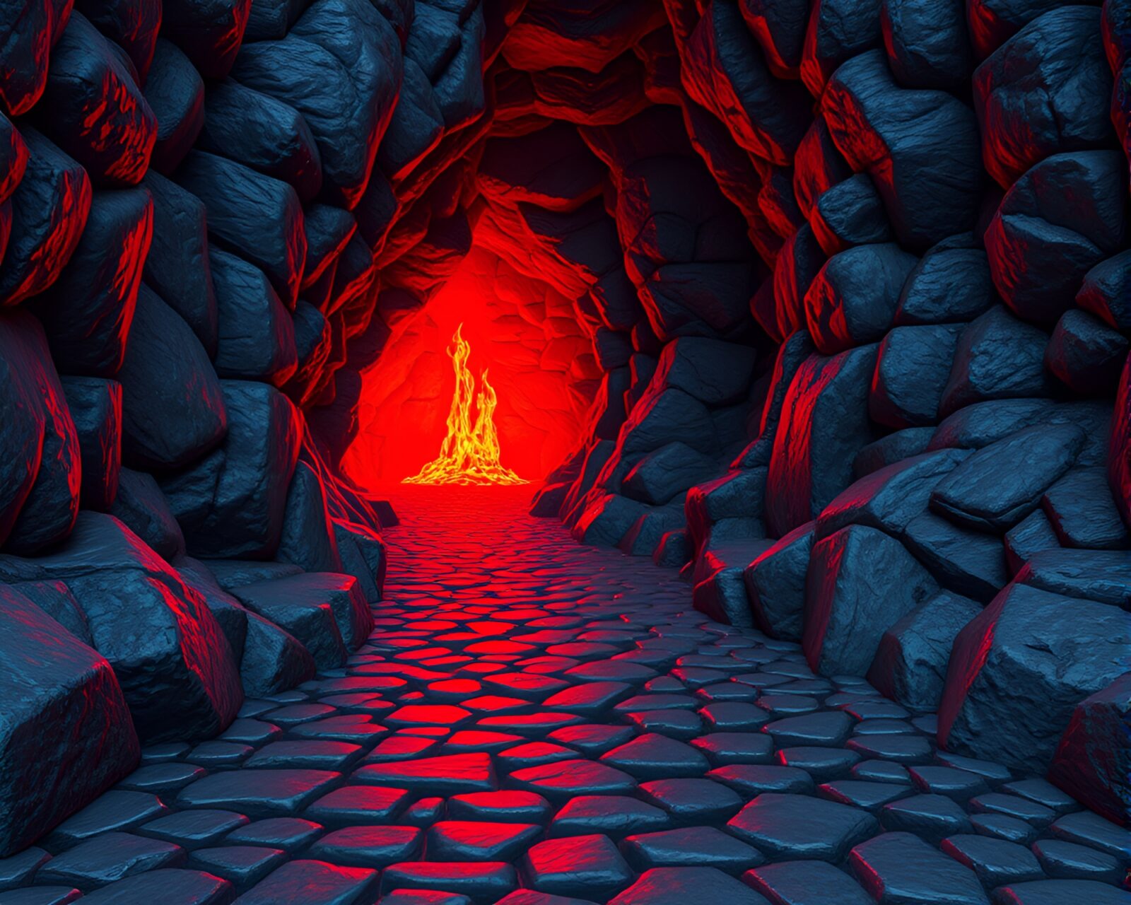 Fantasy cobblestone path with dimensional rift and red glow