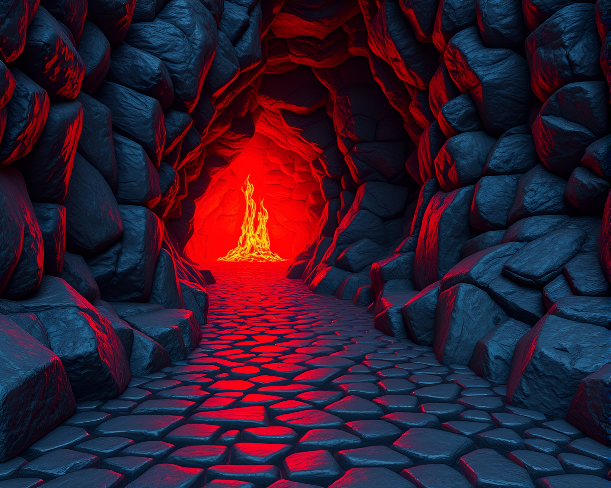 Dimensional Rift Cobblestone Path under Volcano Glow – free AI stock image