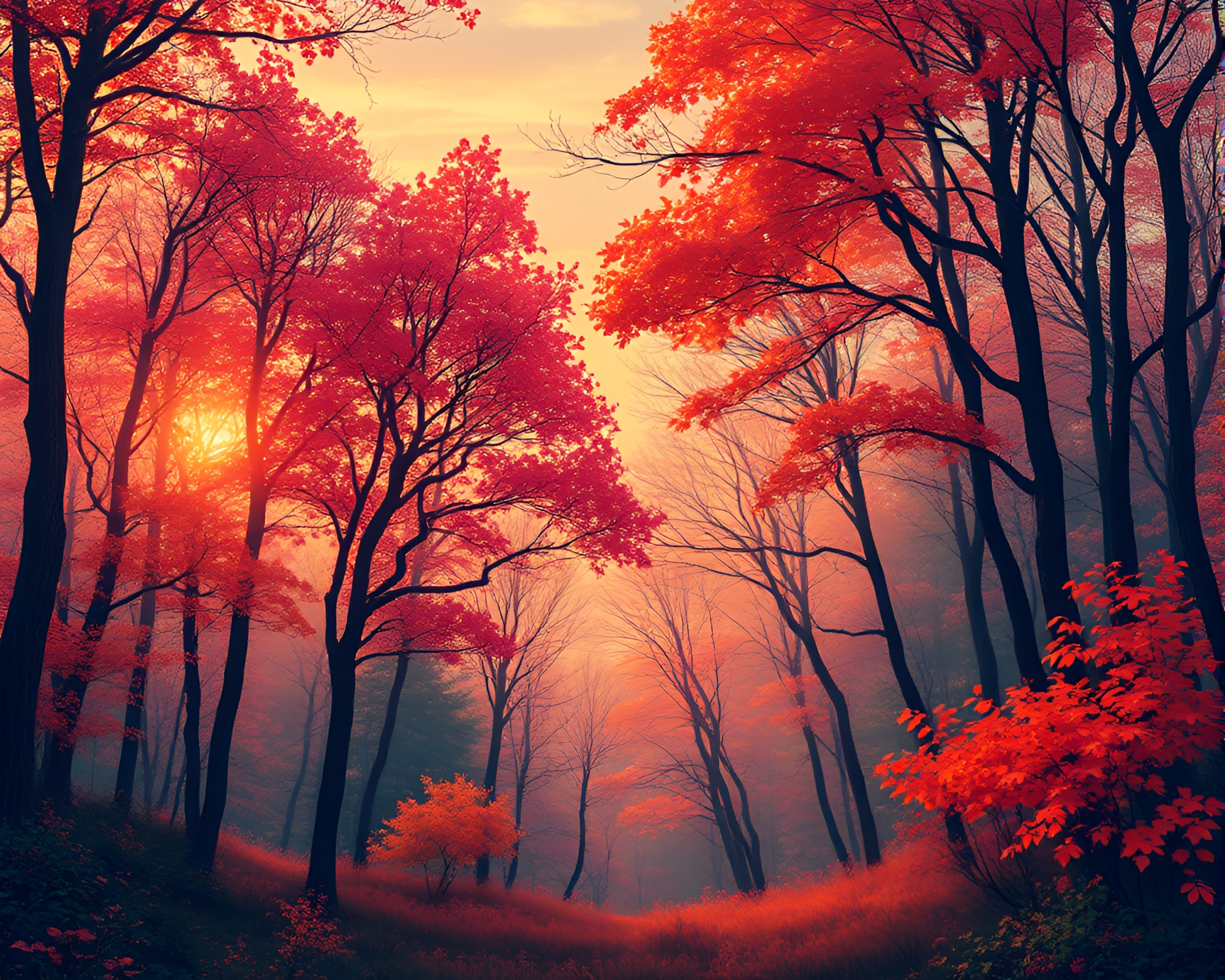 Autumn Forest Sunset Bubble Clusters – free AI stock image