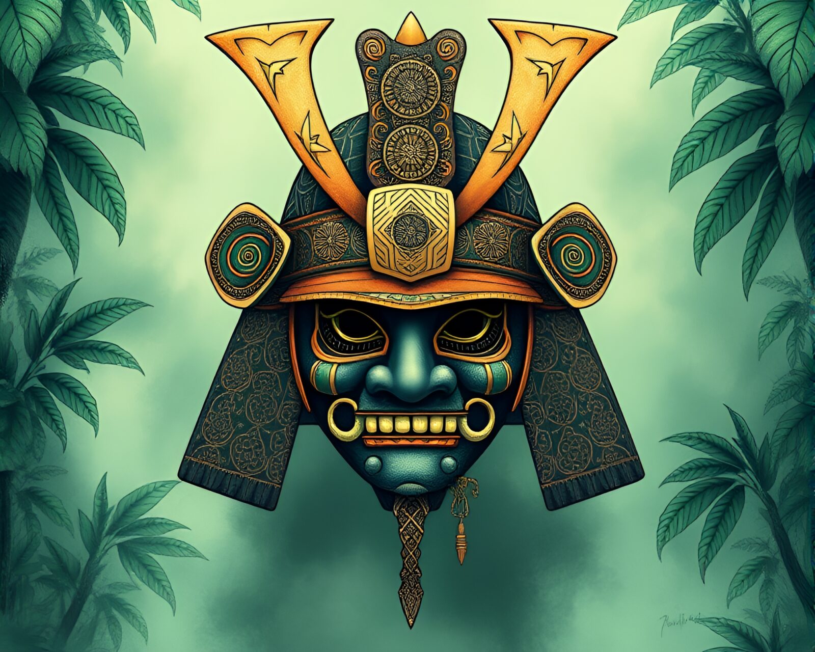 Intricate pastel drawing of a samurai helmet in a green rainforest