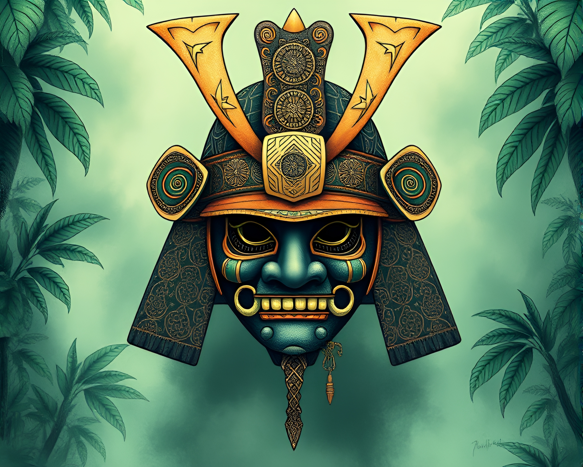 Samurai Helmet in Lush Jungle with Pastel Designs – free AI stock image
