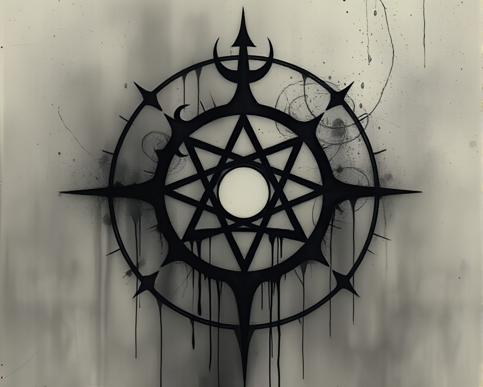 Intricate sigil surrounded by swirling gray and black paint