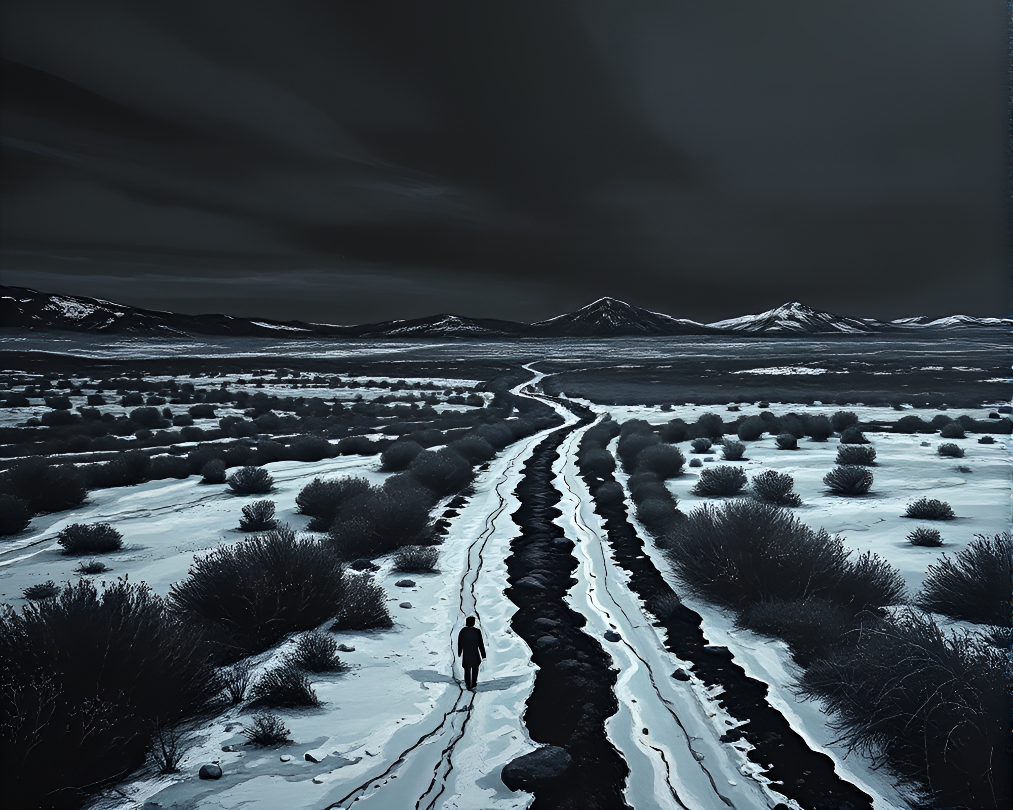 Northern Tundra Noir: Fresco Landscape with Leading Lines – free AI stock image