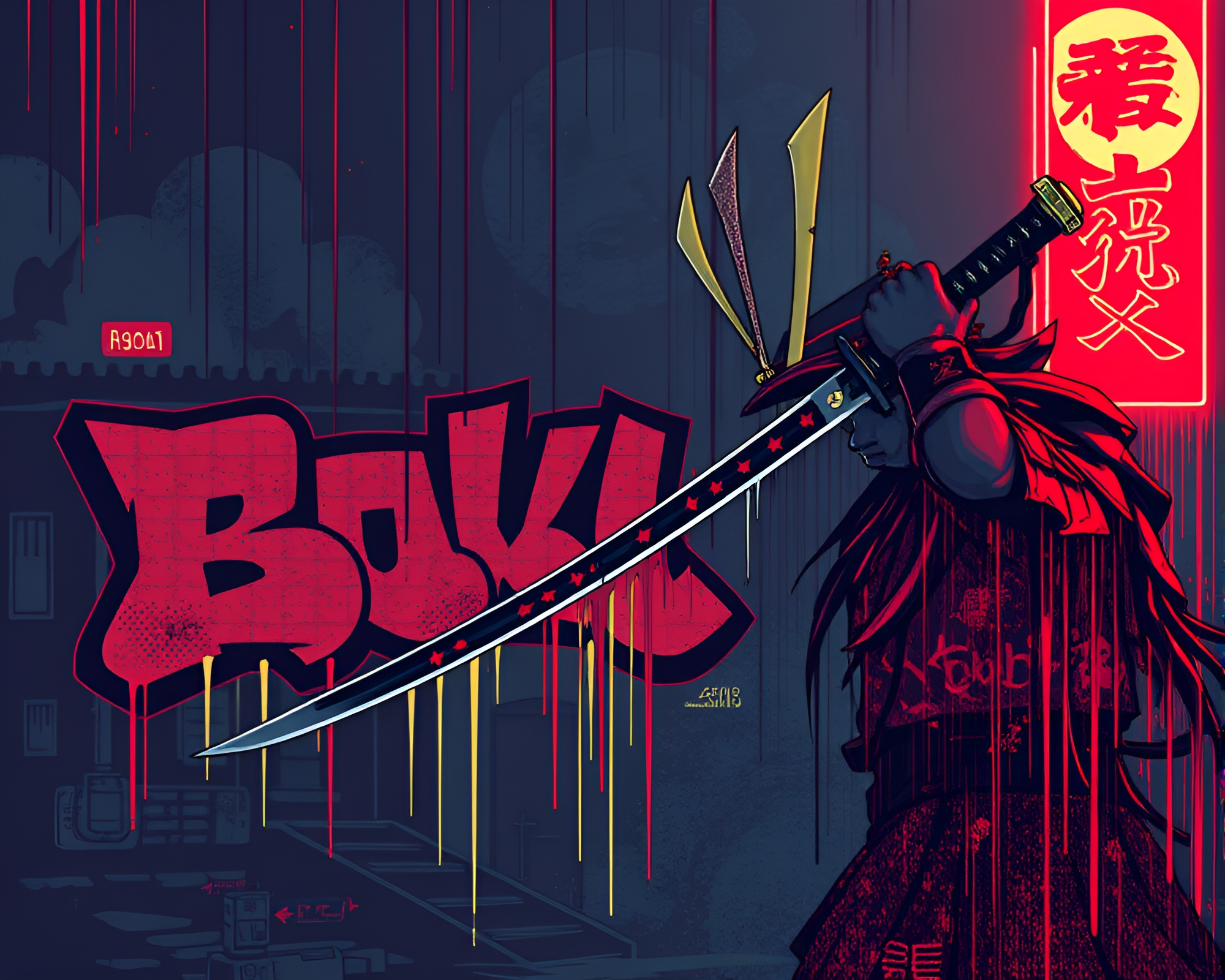 Samurai Warrior in Retro Graffiti Opera House – free AI stock image
