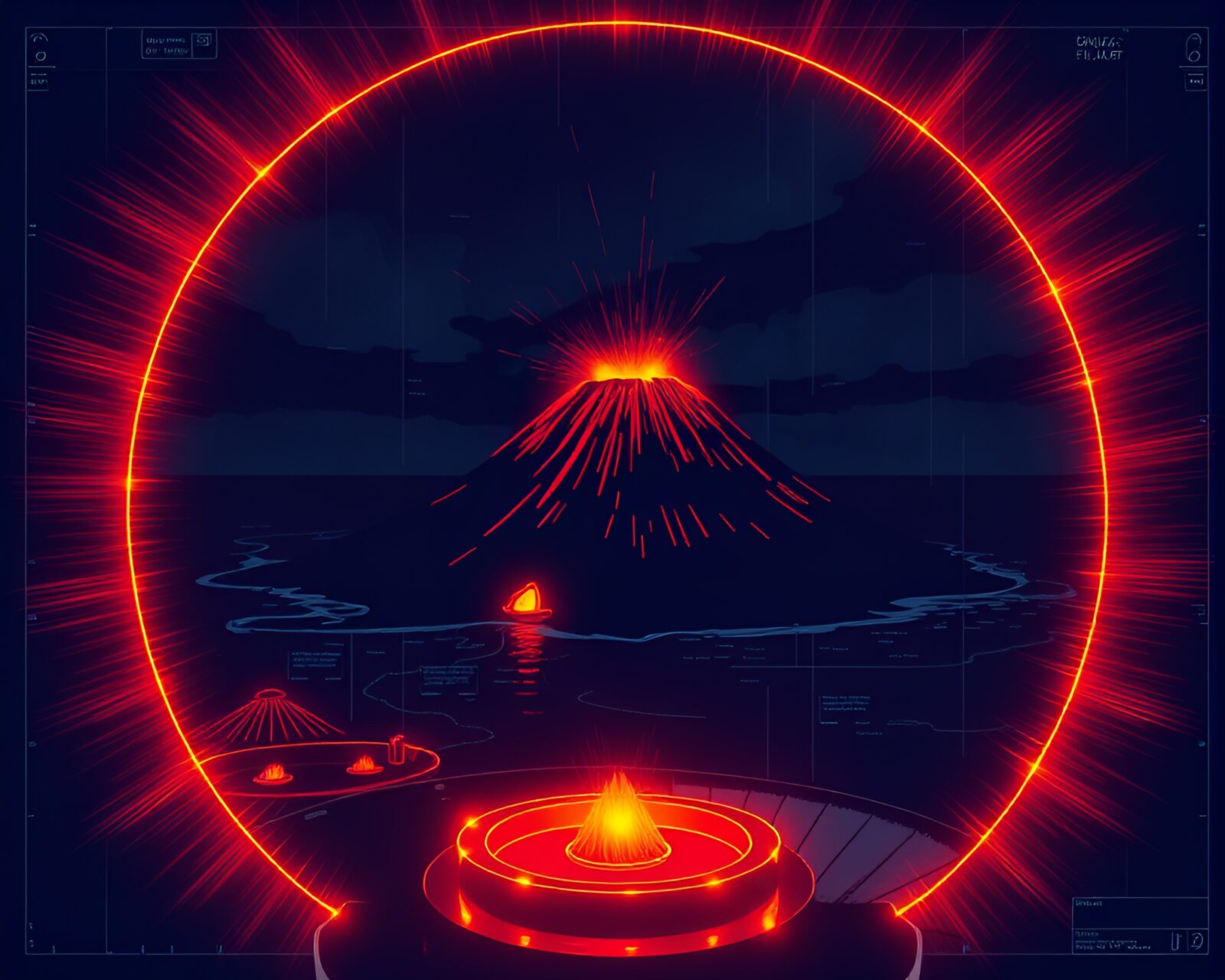 Circular blueprint of a volcanic island music club with strobe lights