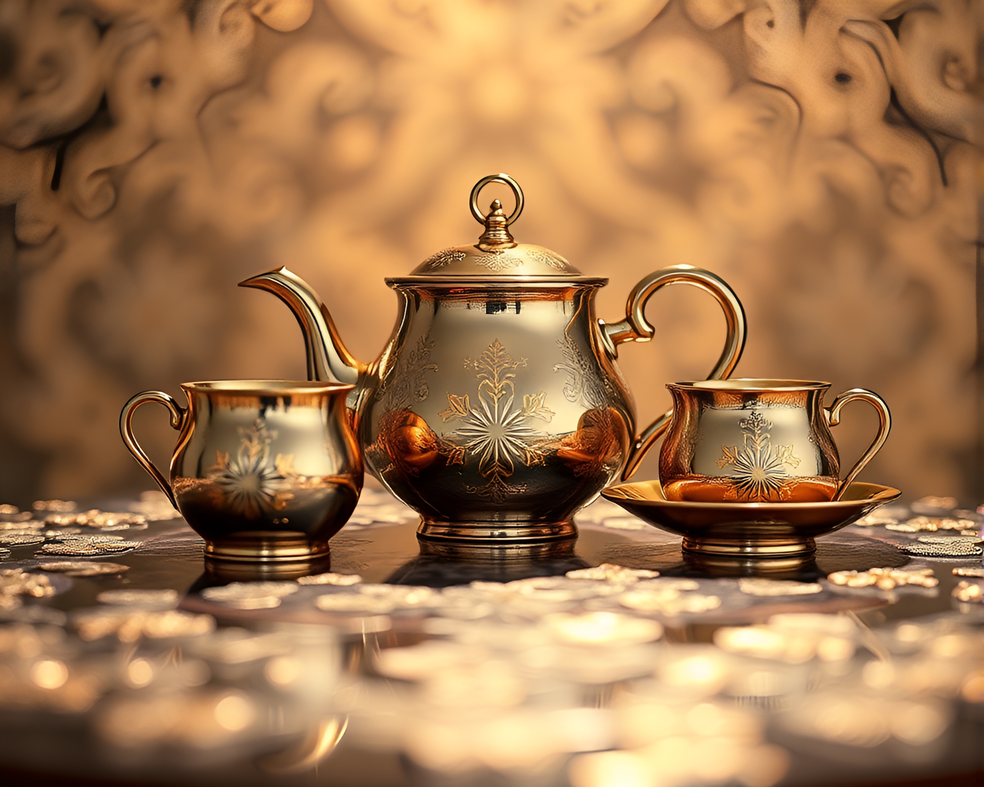 Elegant Foil Stamped Tea Set in Starburst Ambiance – free AI stock image