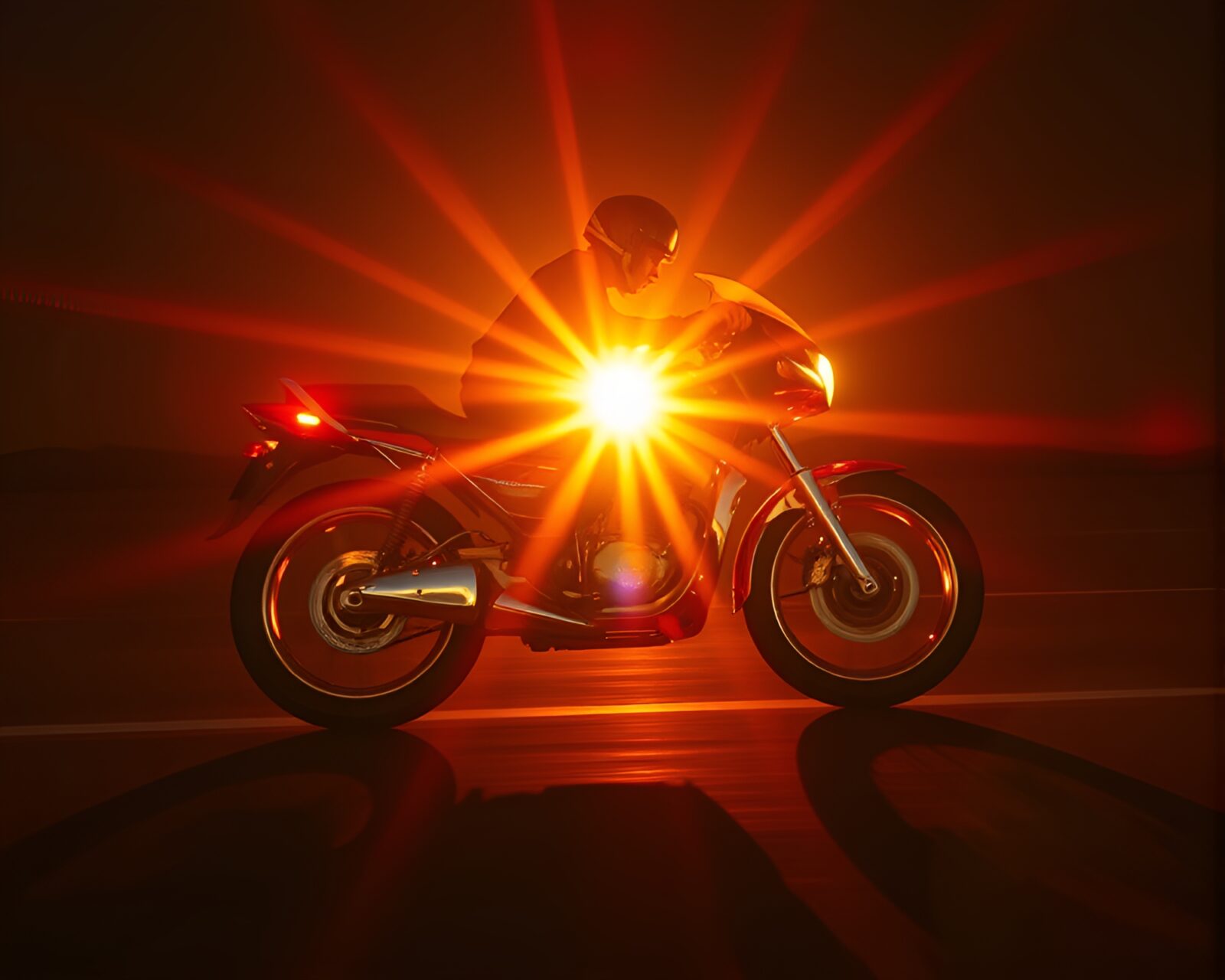 Neon hoverbike reflecting in solar flair with 80s VHS vibes