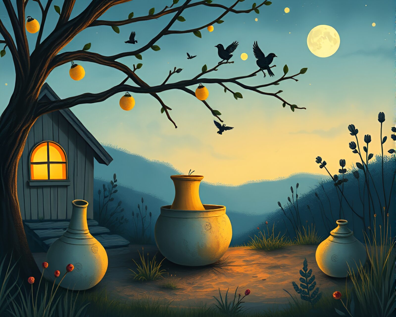 Rustic pottery under twilight blue hour sky with children's book charm
