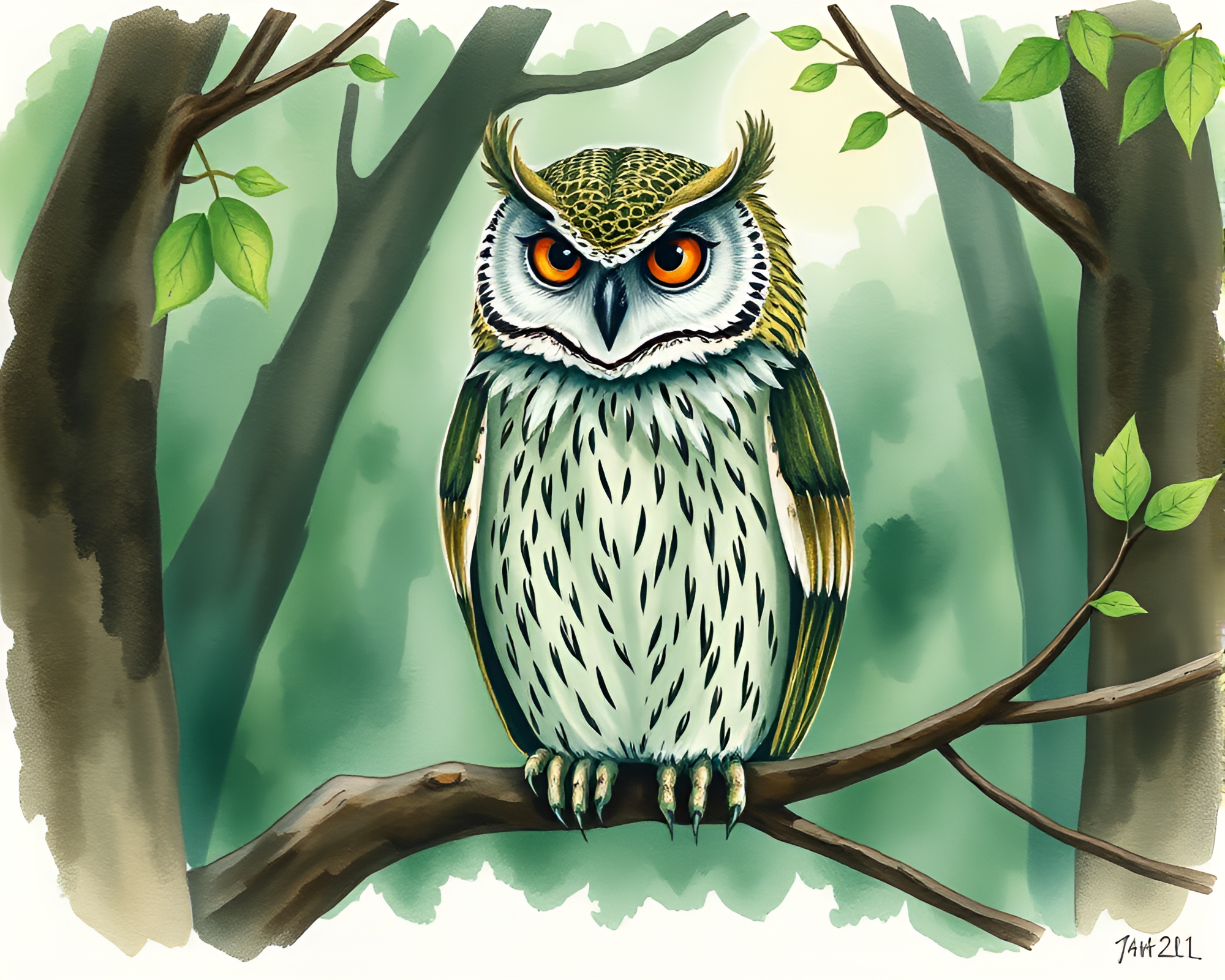 Clockwork Owl in Wildlife Watercolor Street Art Tags – free AI stock image