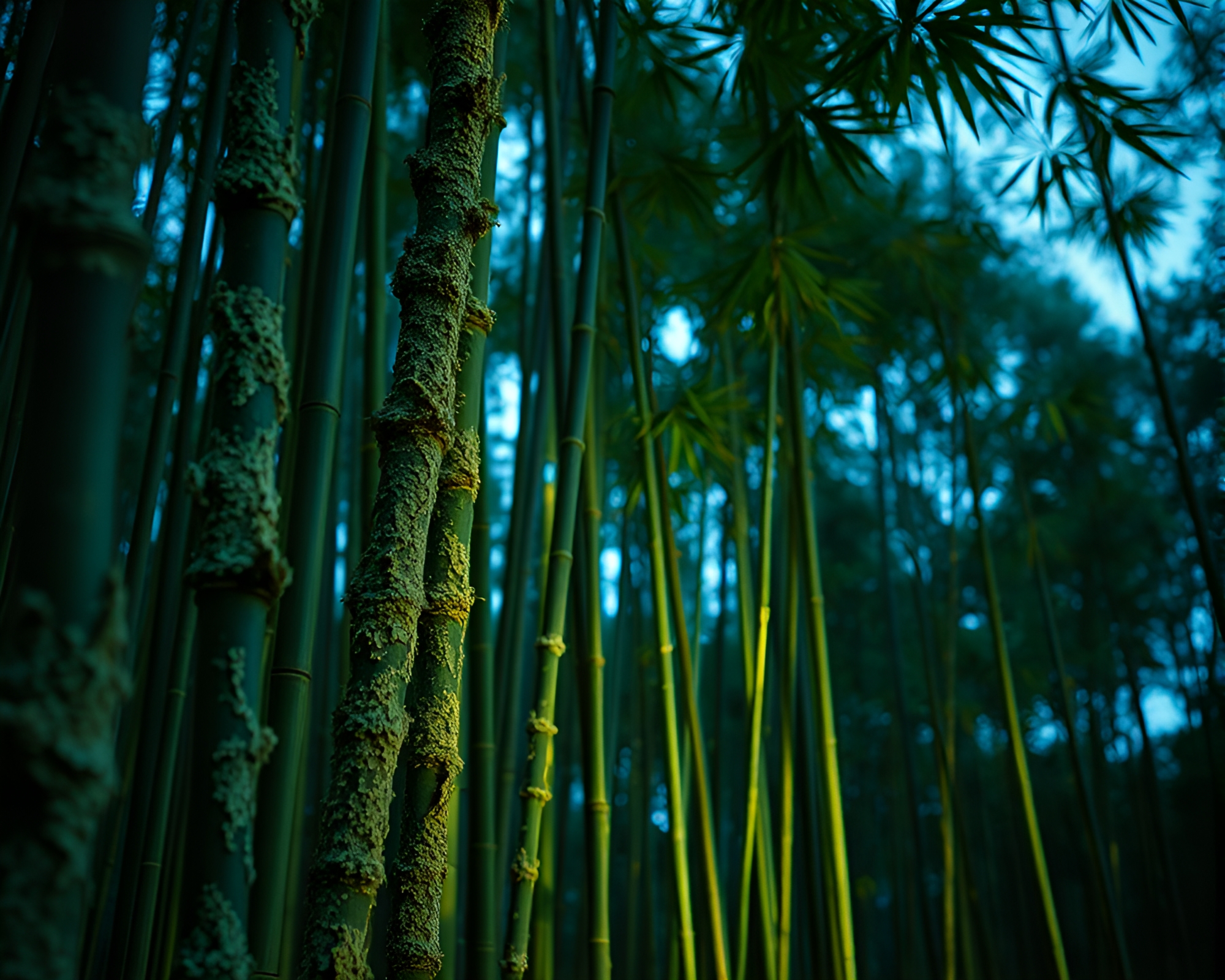 Bamboo Grove Lichen Texture Twilight Blue Hour – free AI stock image