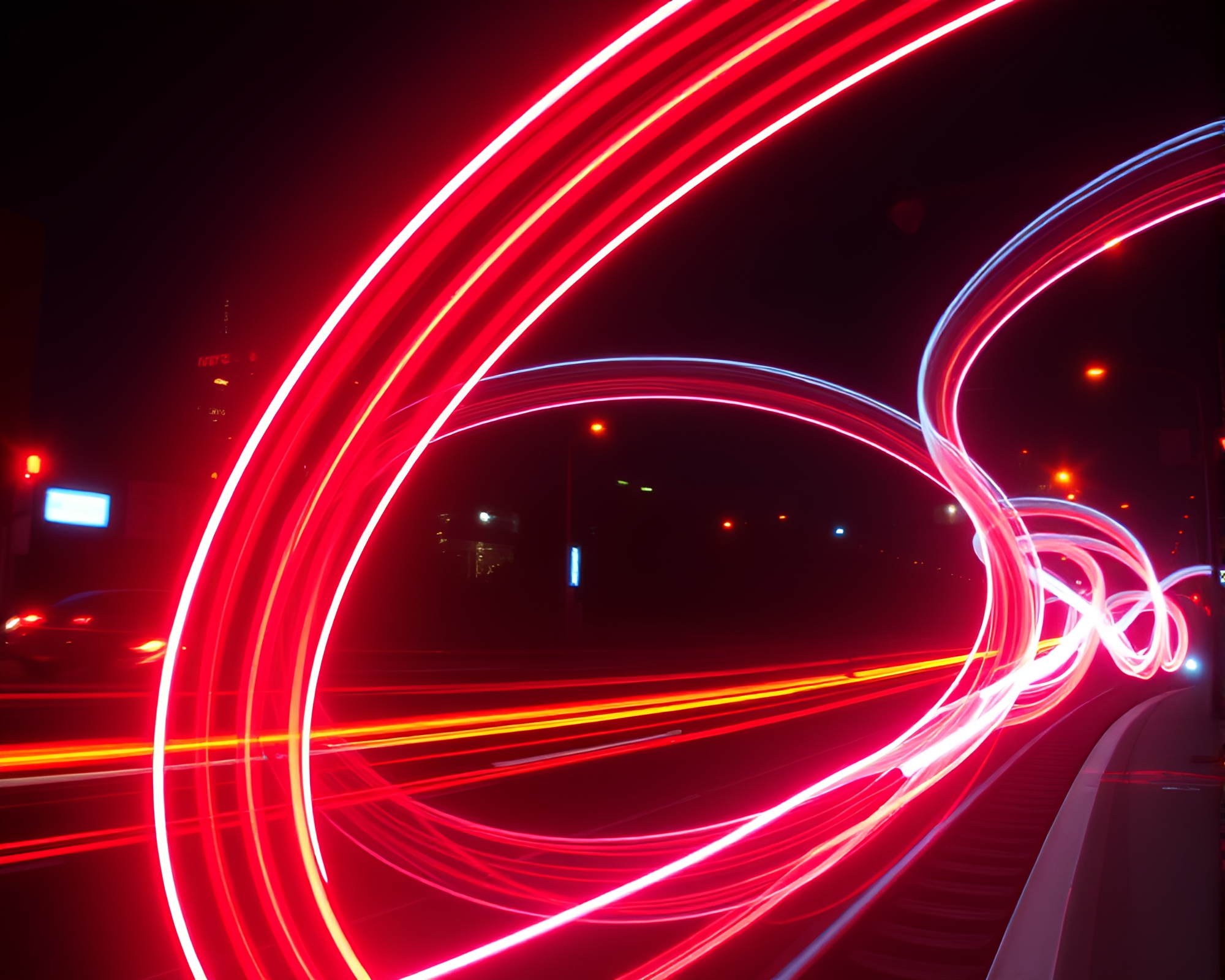 Digital Glitch Neon City Train Light Trails – free AI stock image