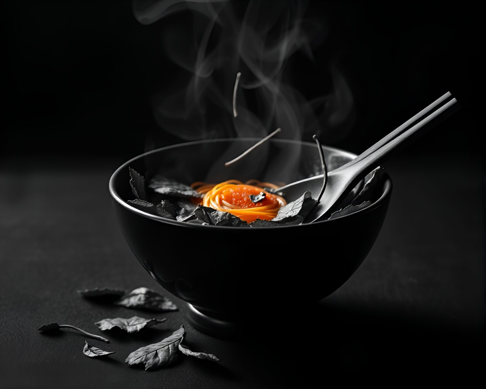 High-contrast image of ramen bowl on leaf litter