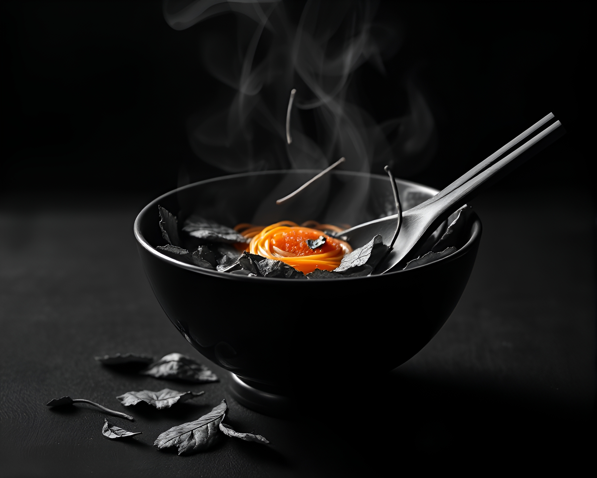 Ramen Bowl in Noir Leaf Litter – free AI stock image