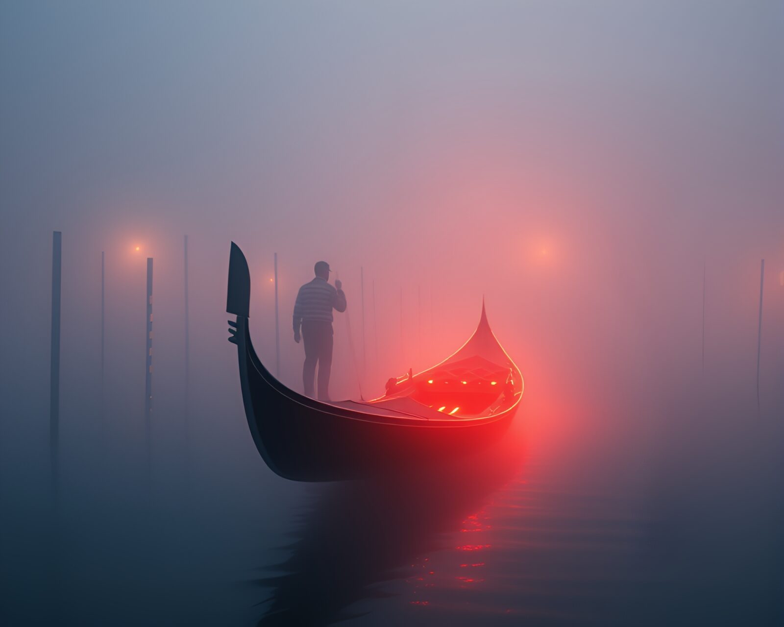 Minimalist design of a gondola drifting through pixelated fog
