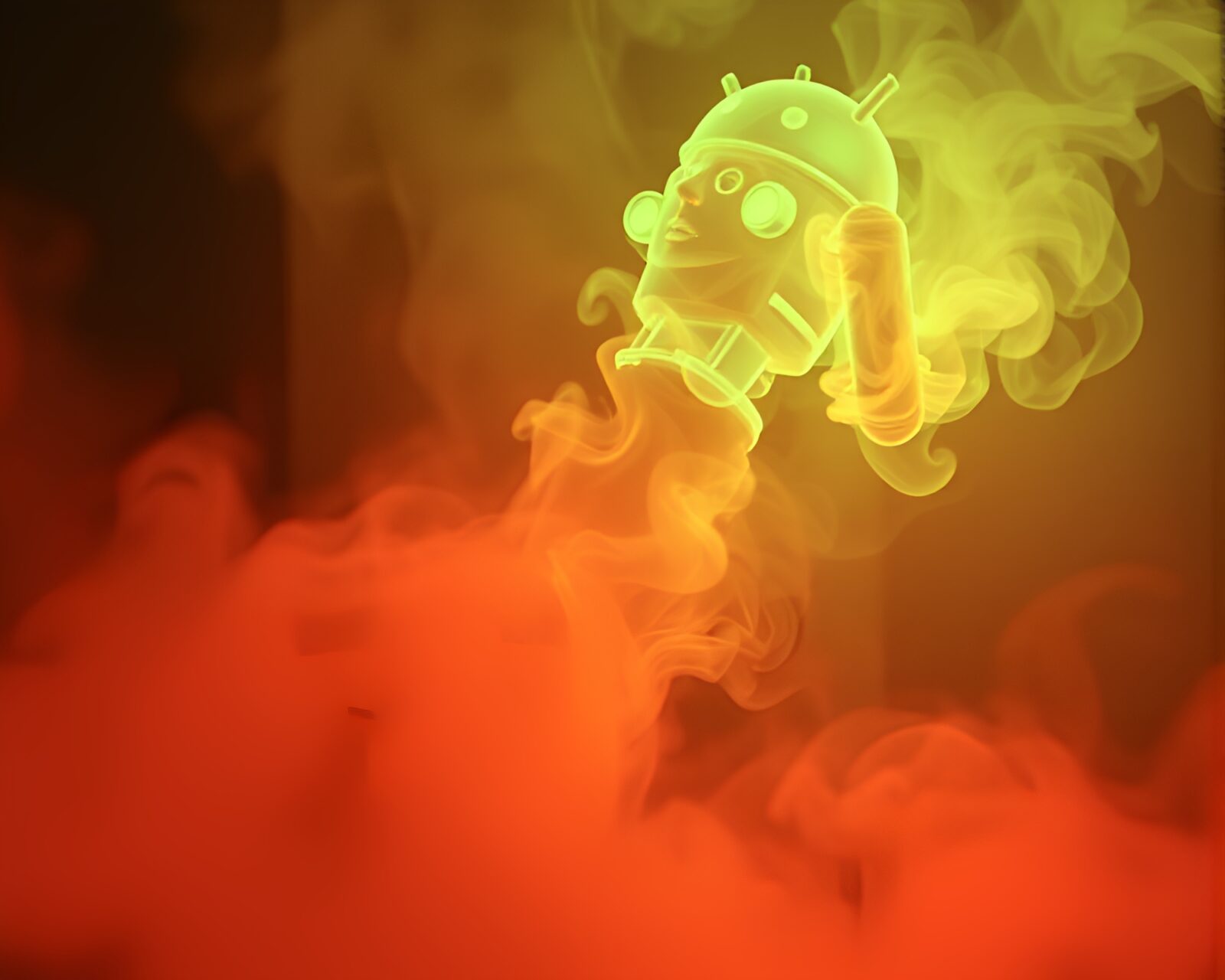 Surreal collage of android emitting steam vapor in bright light