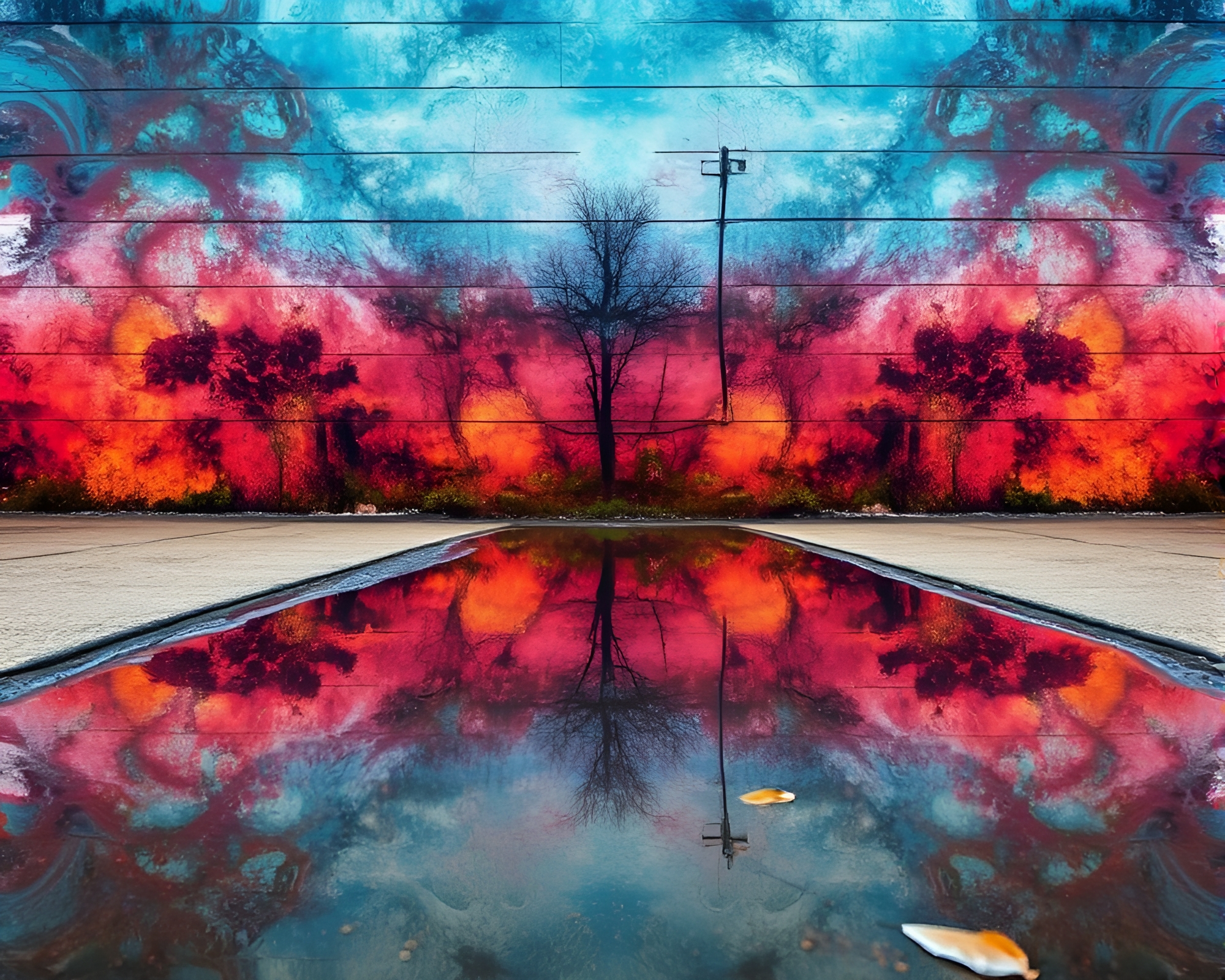 Retro Fractal Mural: Puddle Reflection Revival – free AI stock image