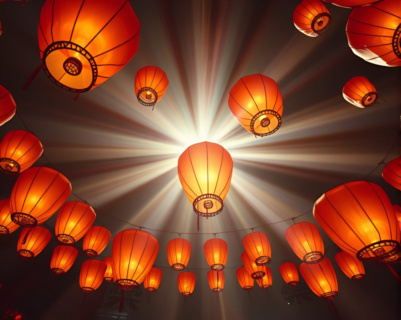Vibrant floating lanterns in origami style under heavenly light