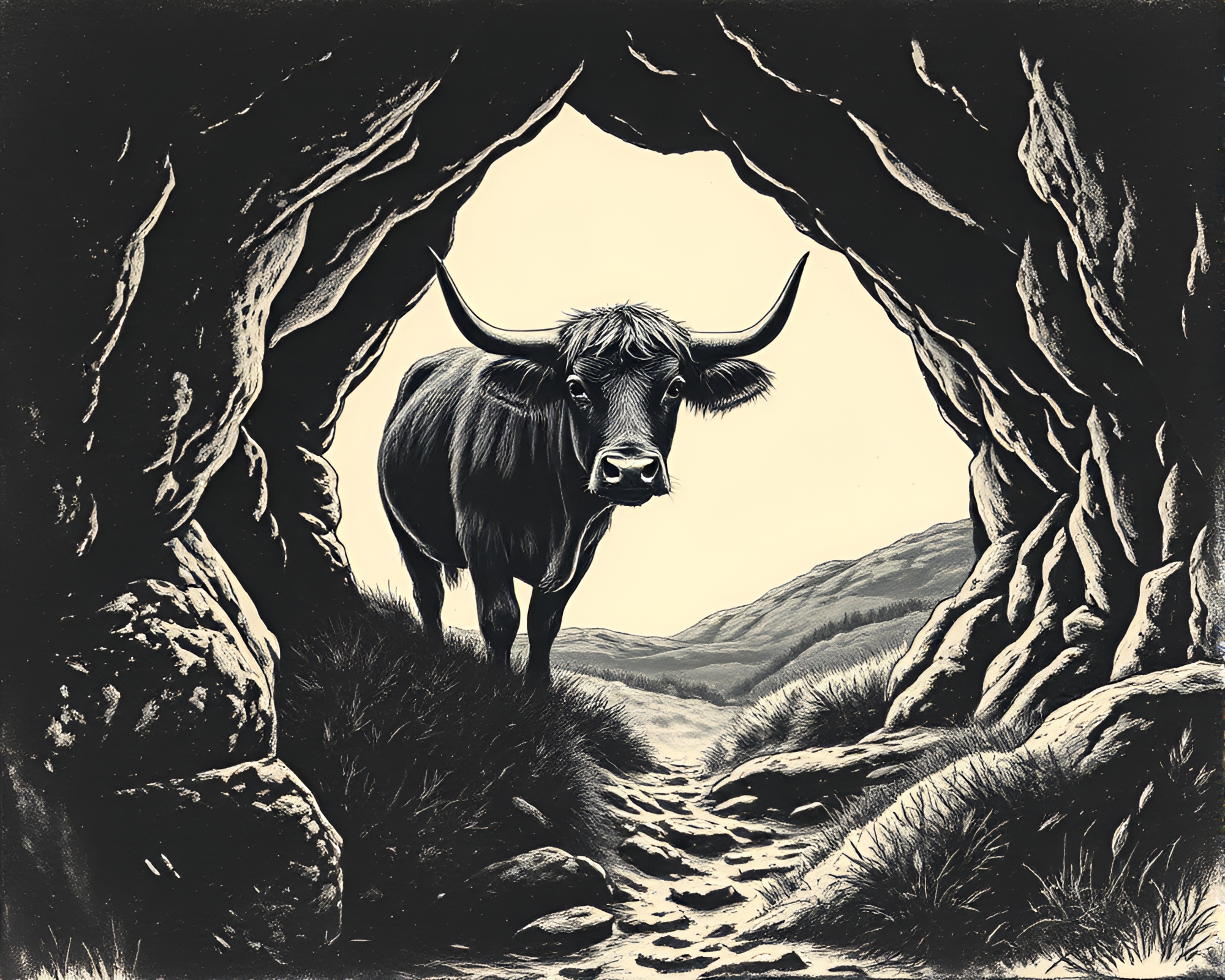 Highland Cow Emerging from Dark Cave, Conté Crayon Art – free AI stock image