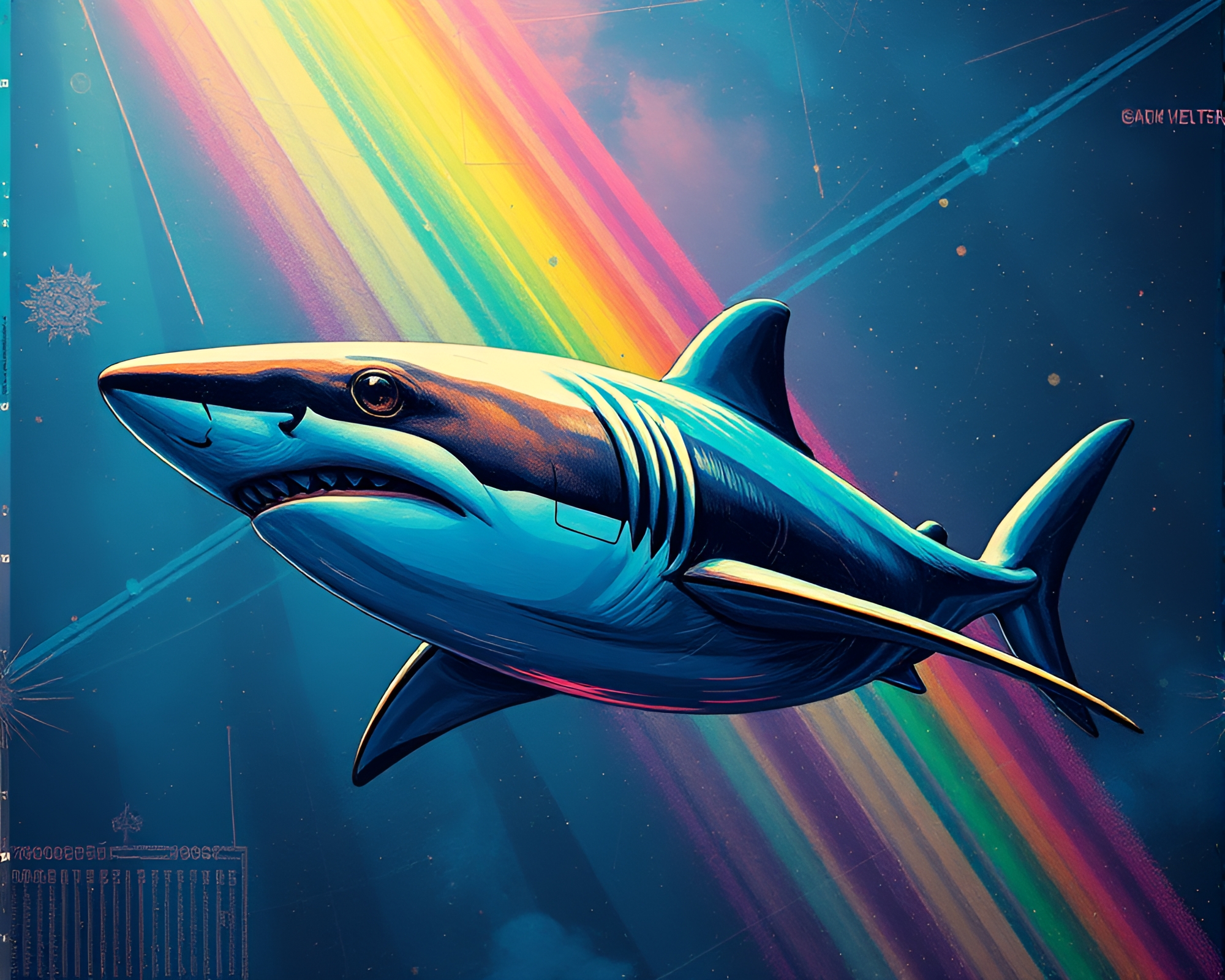 Cosmic Rainbow Shark in Retro Futuristic Scratch Textures – free AI stock image