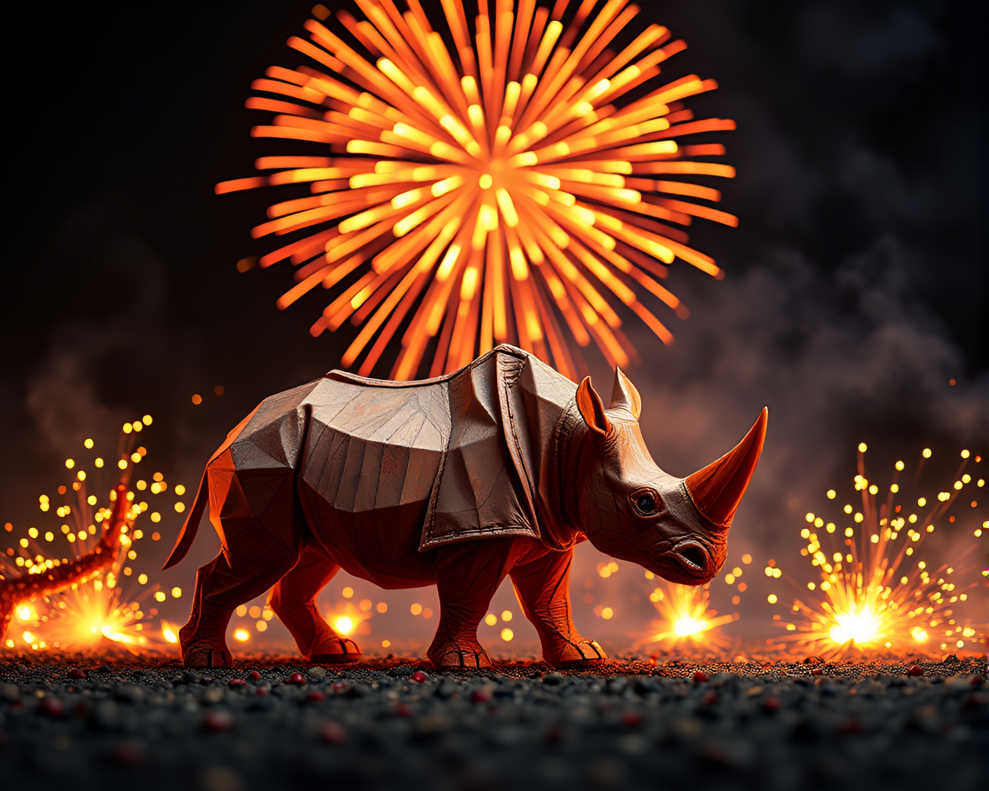 Rhinoceros Origami Amid Fireworks Display – free AI stock image