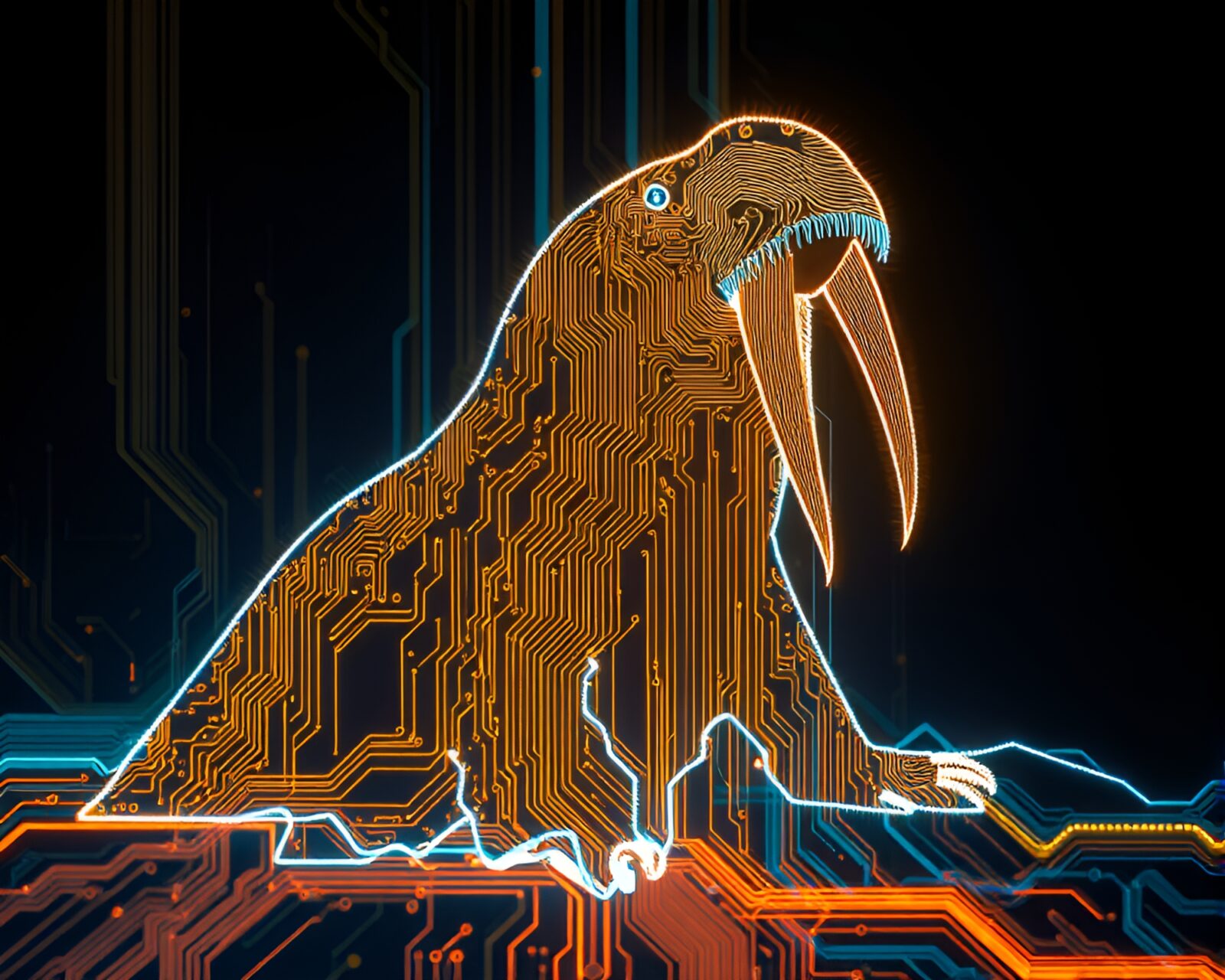 Abstract circuit board with walrus in vibrant kinetic light