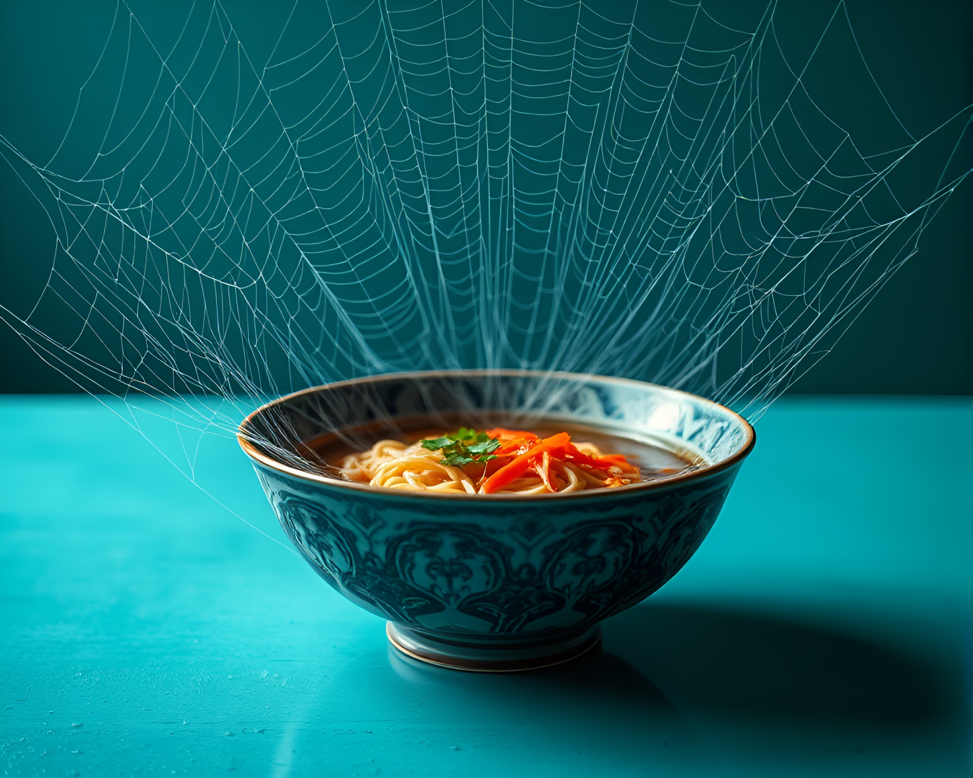 Serenity Bowl: Cobweb Strands Embracing Turquoise Ramen Serenity – free AI stock image