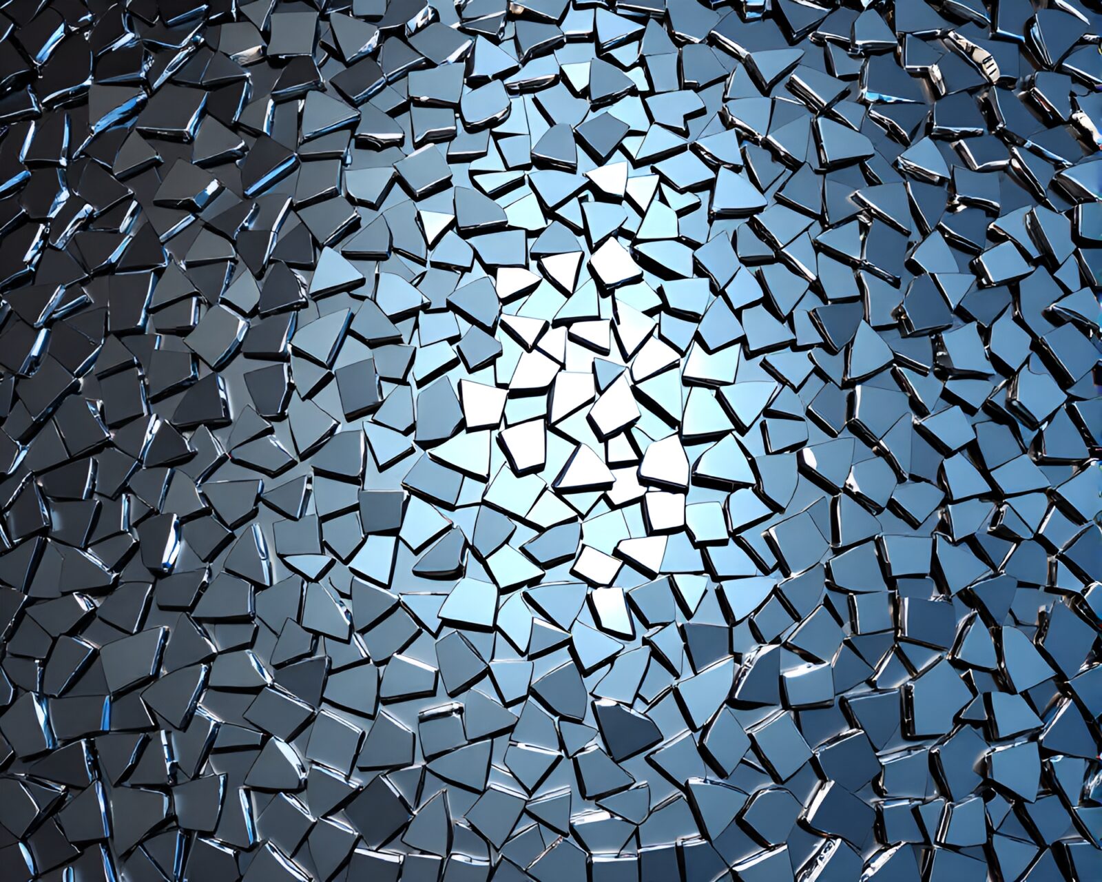 Colorful broken mosaic pieces in a glowing mirror labyrinth.