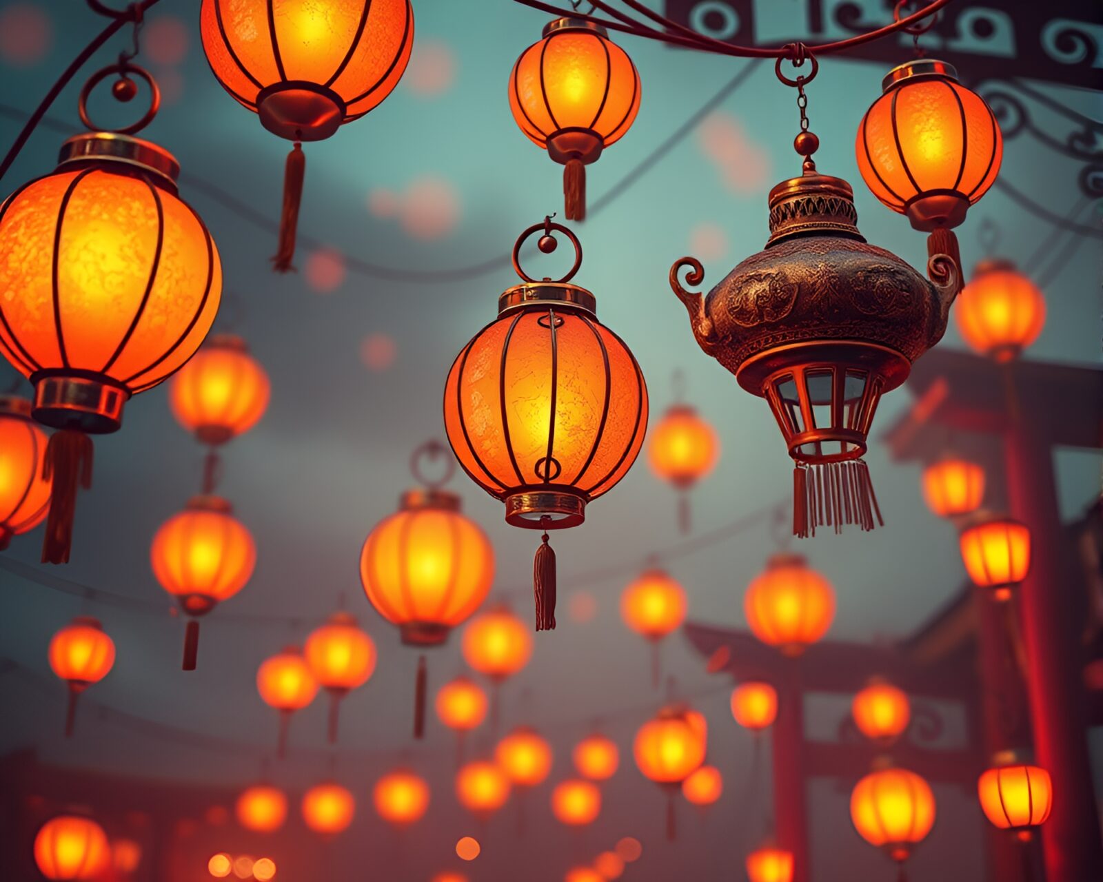 Cartoon-style scene with floating lanterns in surreal color shift