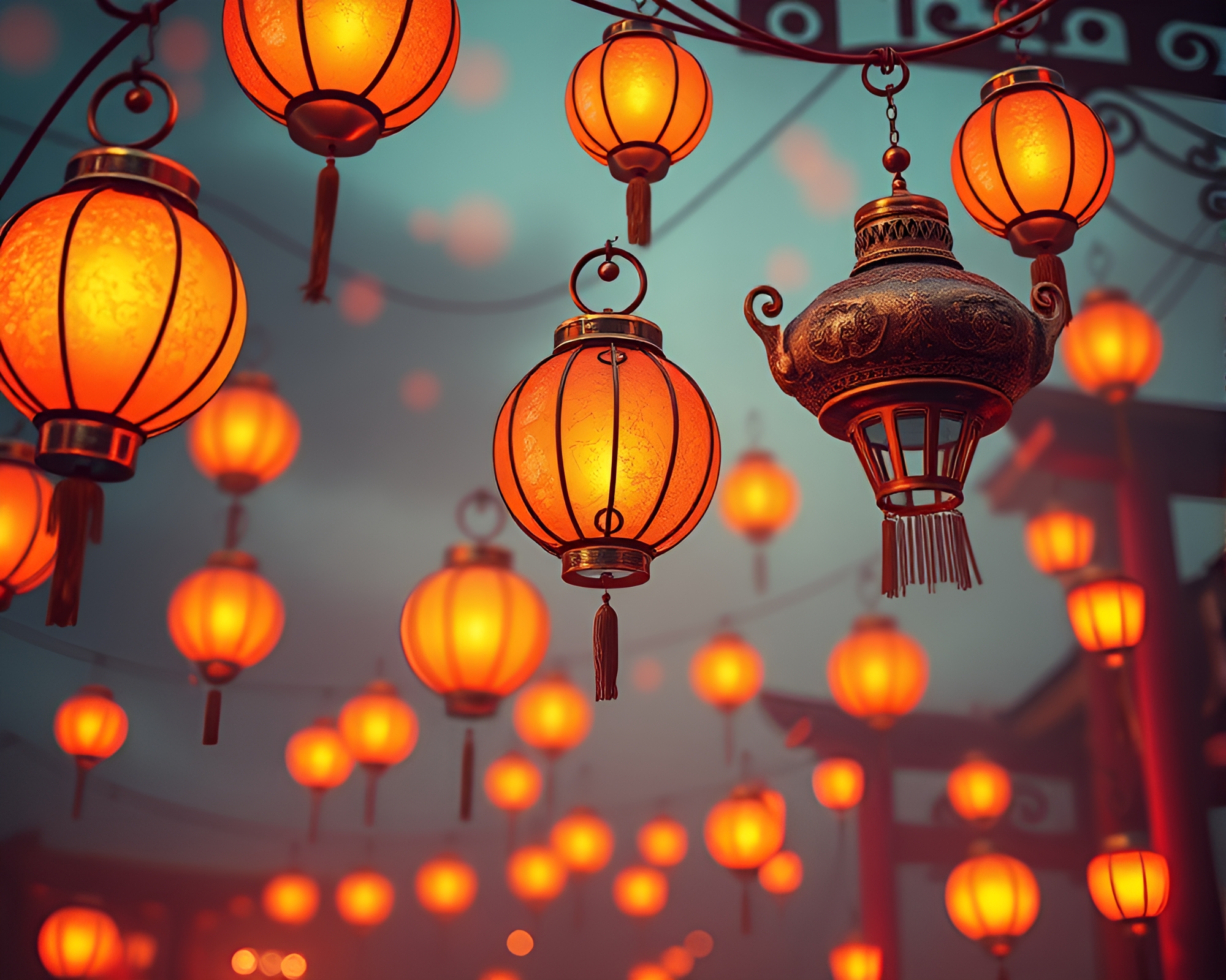 Bronze Patina Floating Lanterns Cartoon Surreal Color Shift – free AI stock image