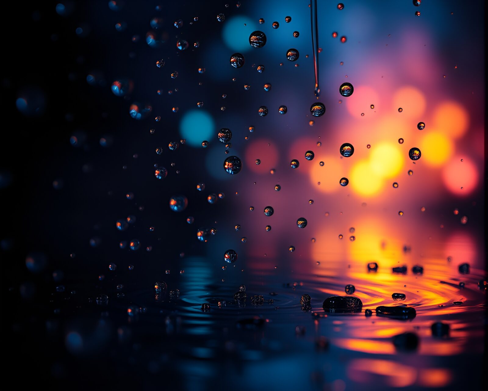 Glowing water droplets scattered in a magical night scene