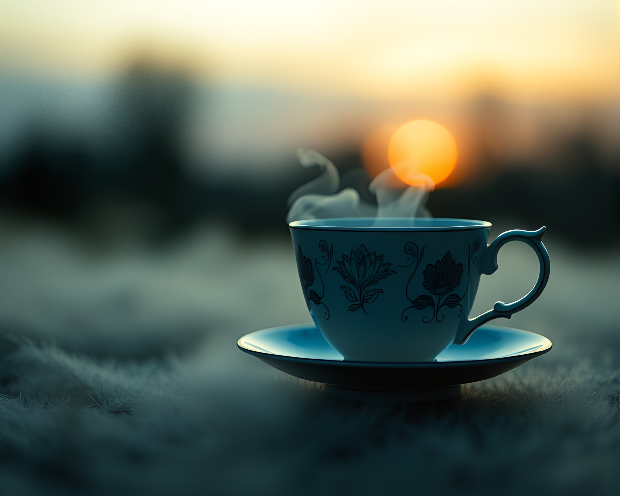 Floating Tea Cup in Dawn Mist Engraved with Intricate Details – free AI stock image