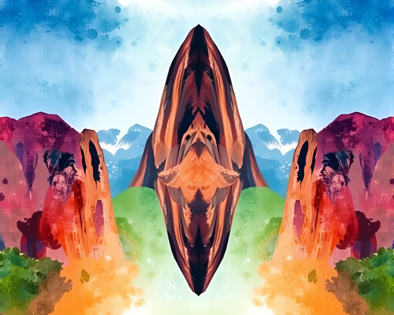 Mirrored cliff scene in geometric and watercolor style