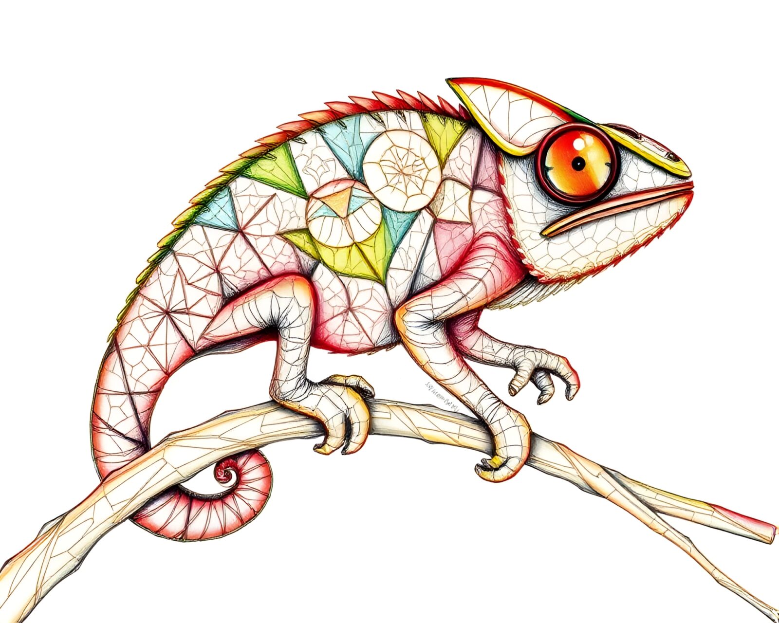 Colorful chameleon blending with kaleidoscope patterns in etching drawing