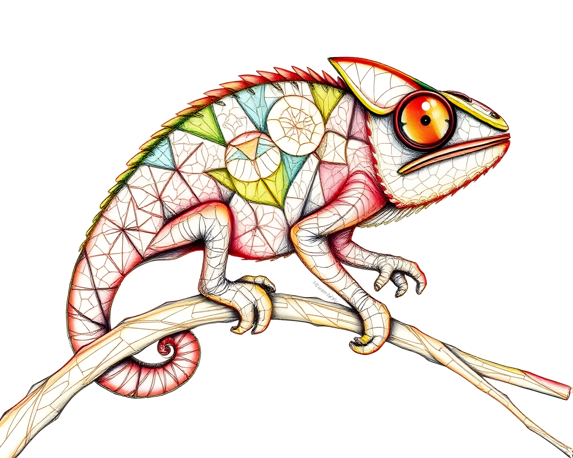 Chameleon in Kaleidoscope Conté Crayon Etching – free AI stock image