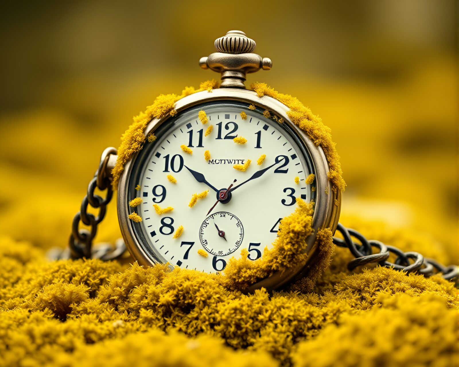 Surreal 3D image of yellow-toned moss enveloping vintage watch