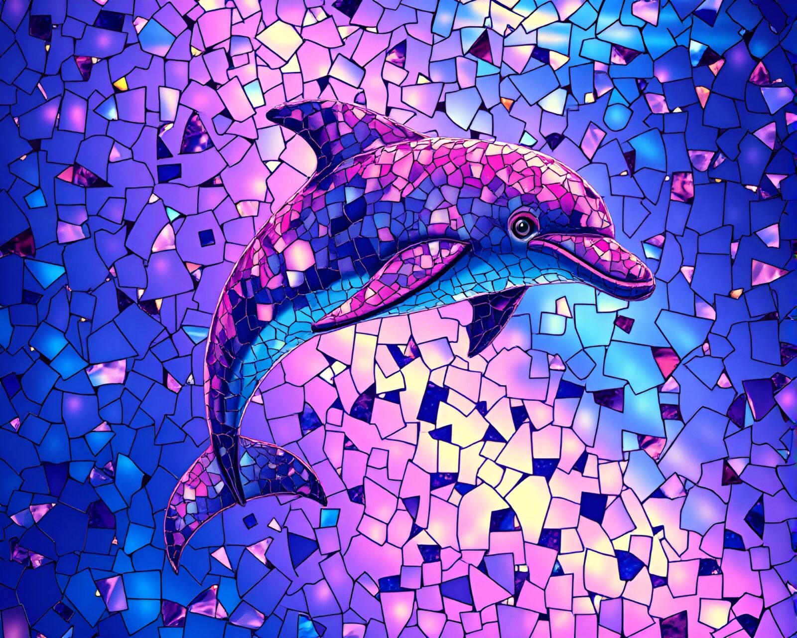 Majestic dolphin in broken mosaic under dreamy ultraviolet light