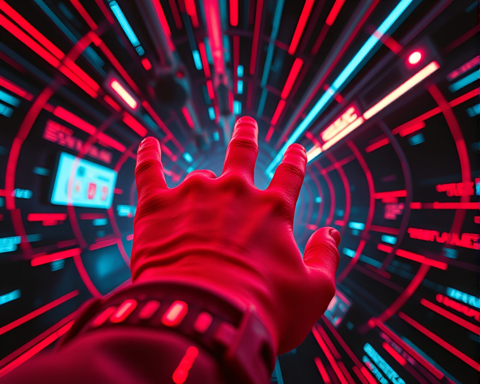 Futuristic red-lit cybernetic hand under retrowave neon lights