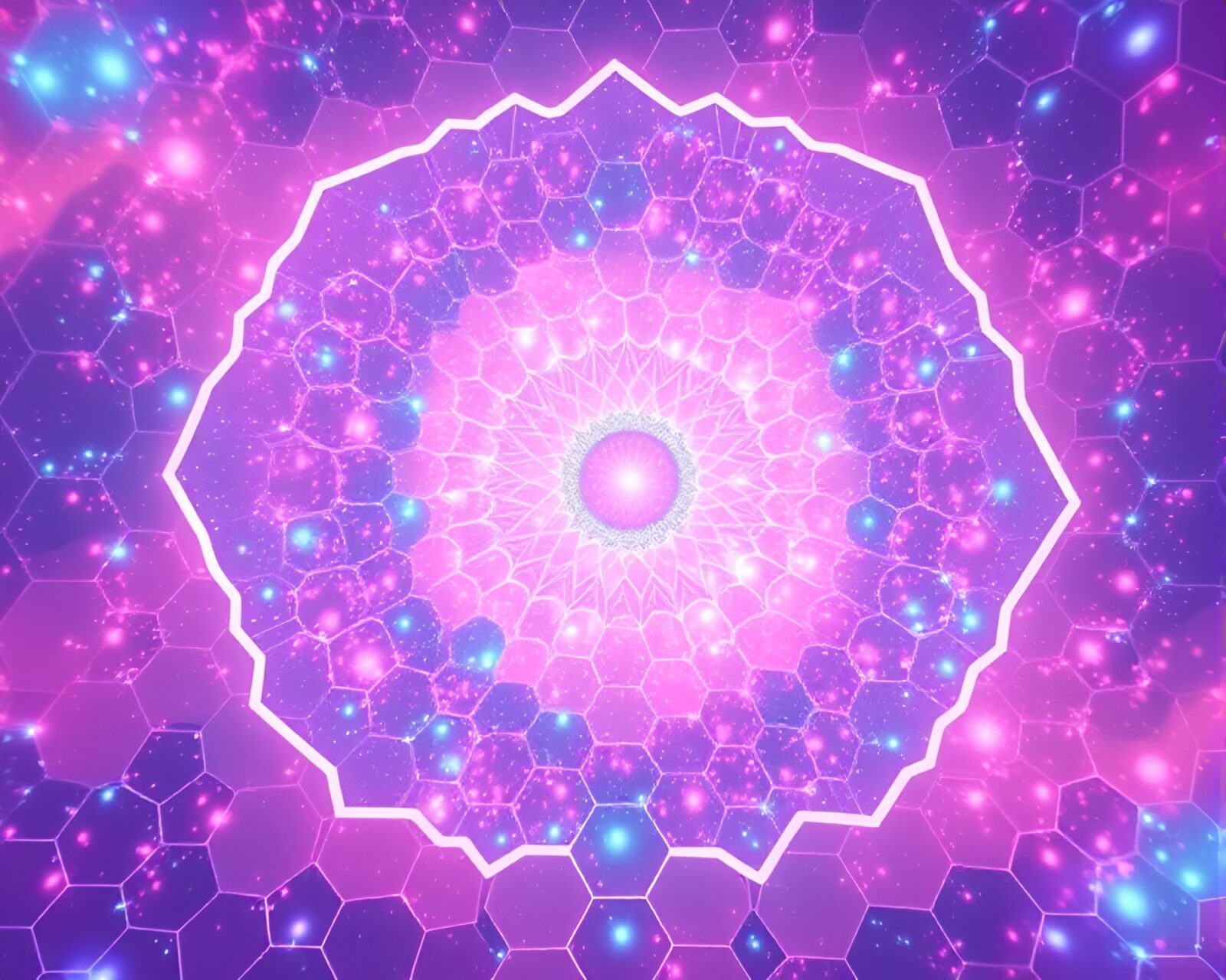 Vibrant holographic hexagonal tiling with dreamy planetary colors