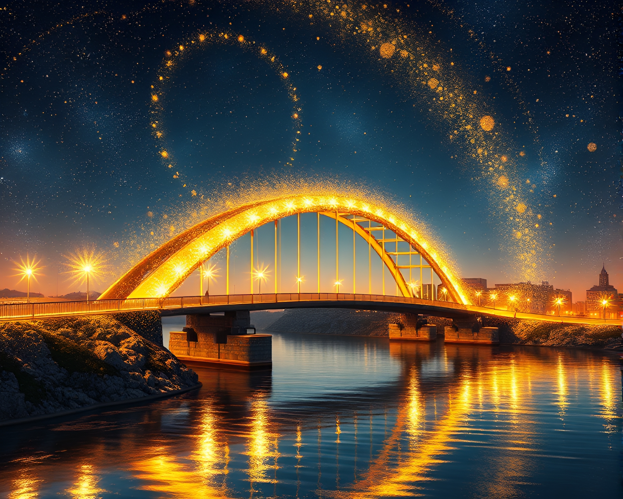 Enchanting Golden Spiral Arch Bridge Crossing Stardust River – free AI stock image