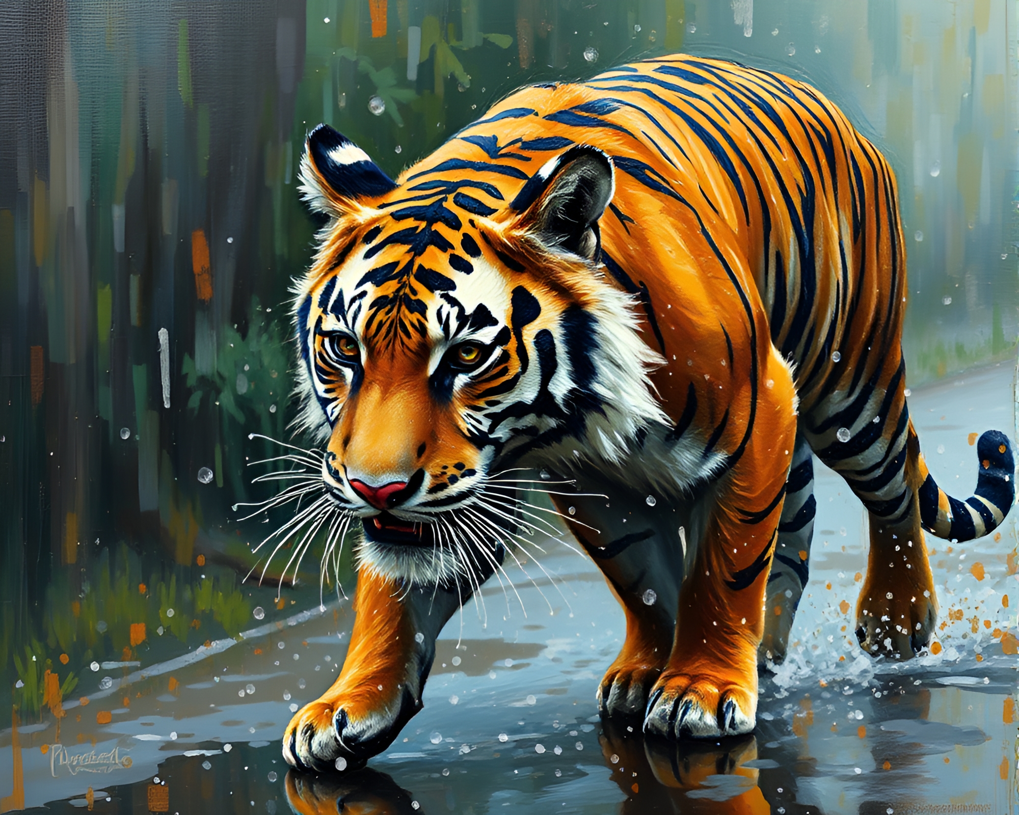Tiger on Rainy Pavement: Palette Knife Painting – free AI stock image