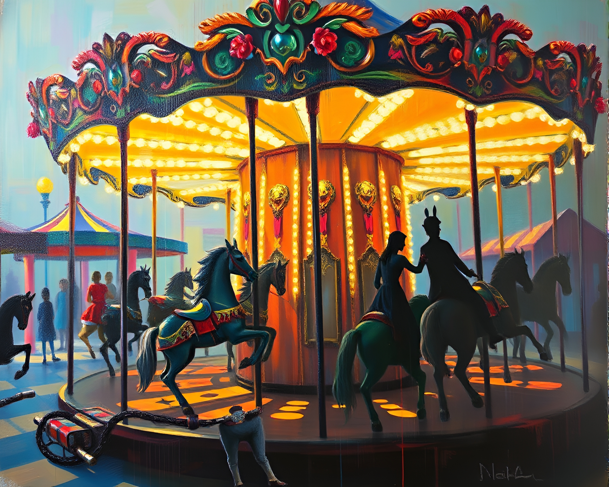 Carnival Shadows: Surreal Carousel Oil Painting – free AI stock image
