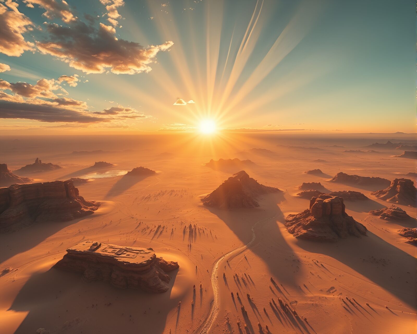 A mesmerizing view of a desert mirage under heavenly light