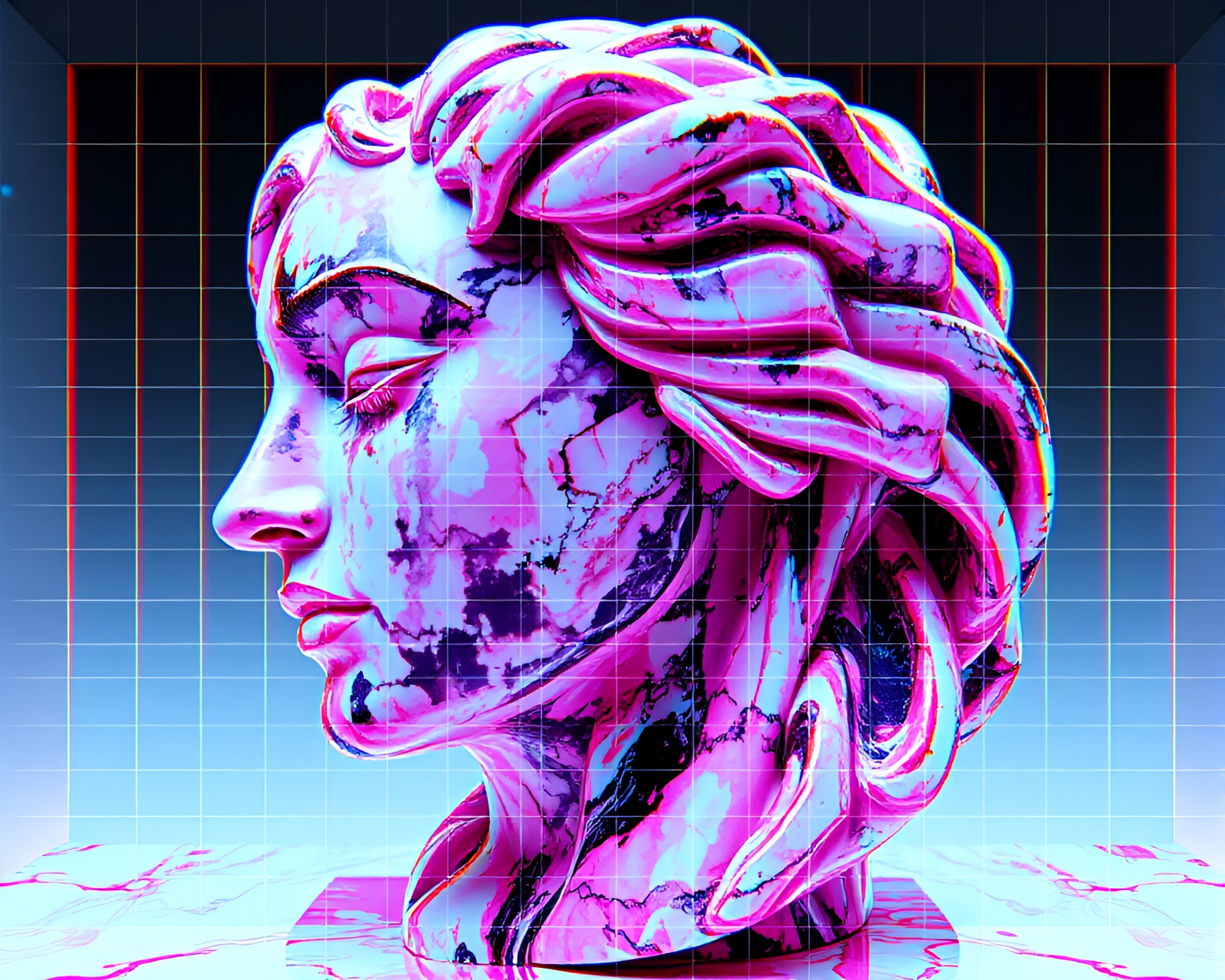 Stereoscopic Marble Sculpture Under Surreal Grid Lighting – free AI stock image