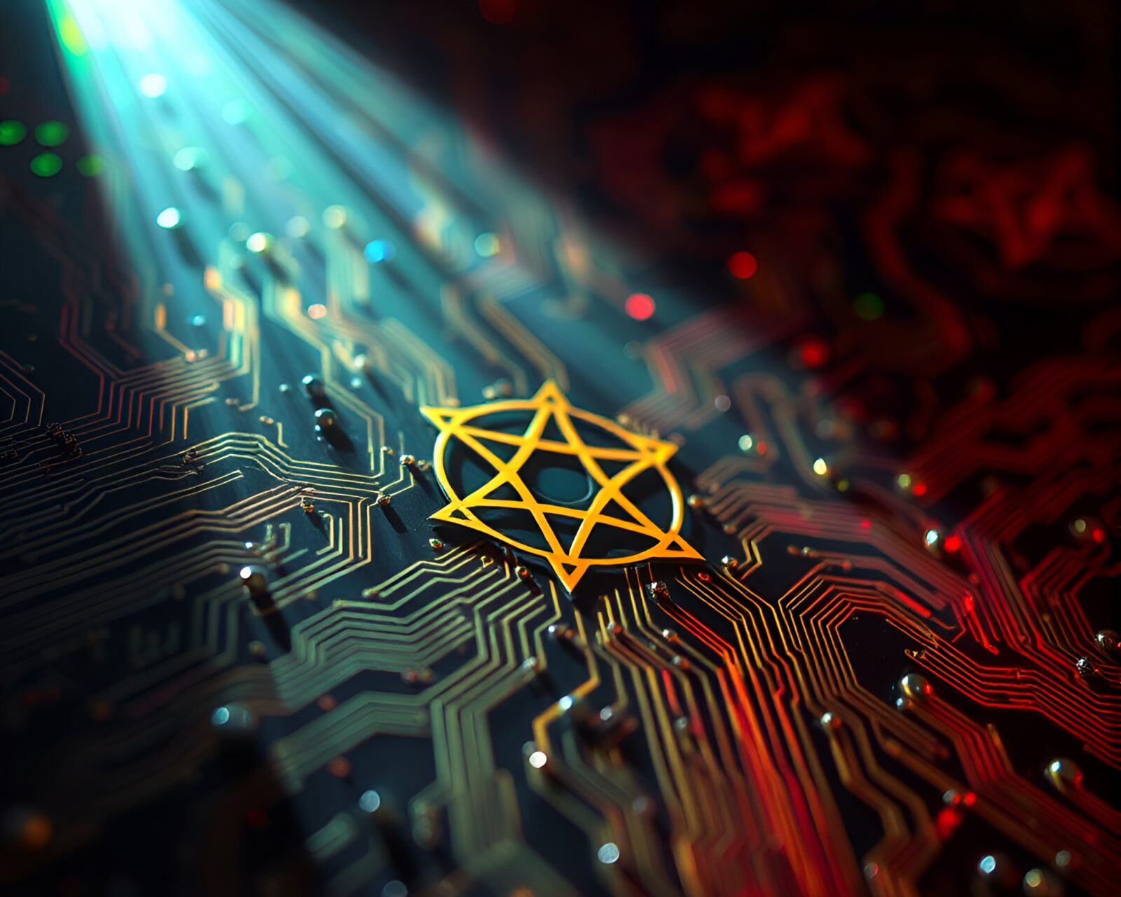 Vibrant circuit board with alchemical symbols under colored lights