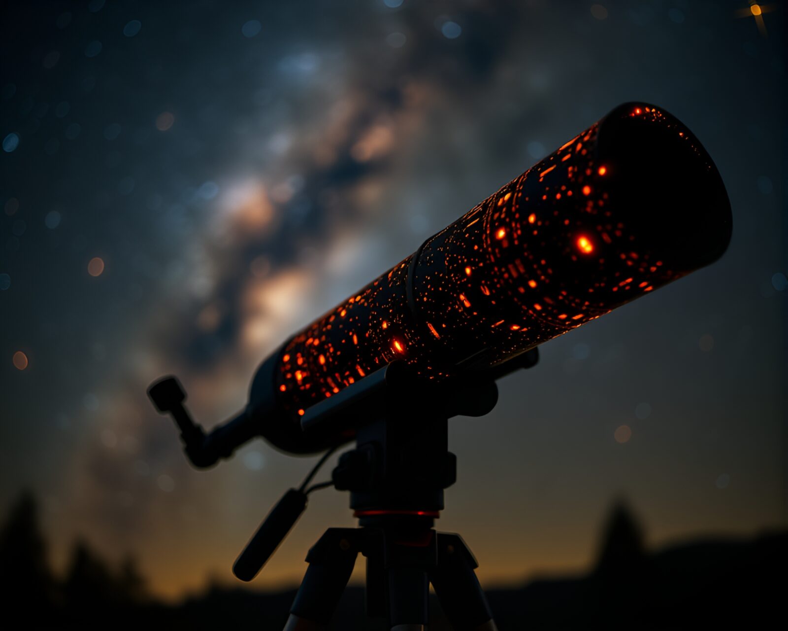Telescope positioned between glowing fractal shapes in cosmic sky