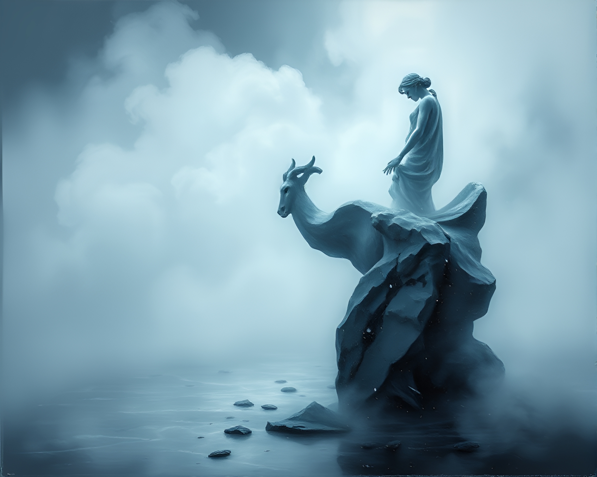Mystical Marble Statue Shrouded in Fog – free AI stock image