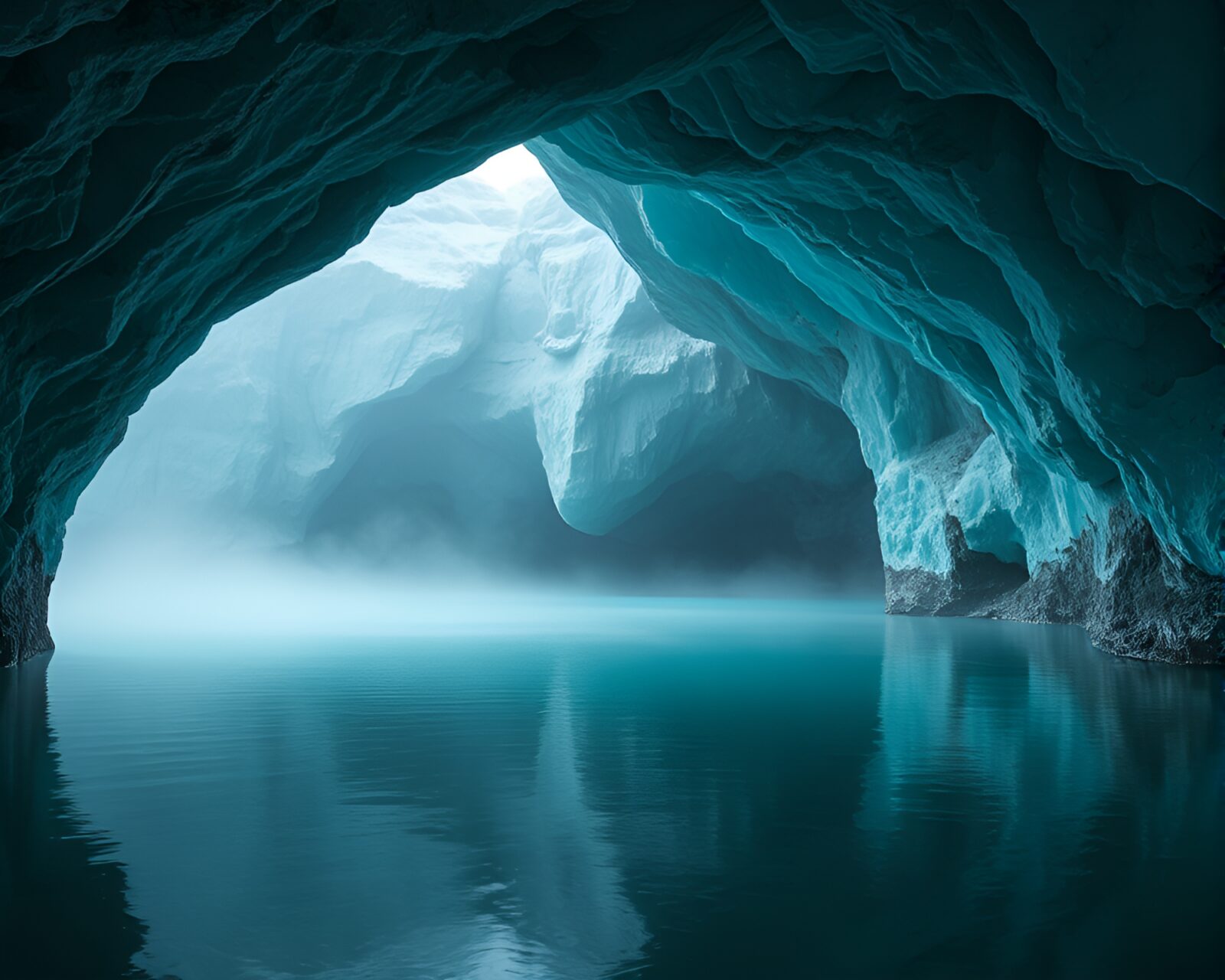 Turquoise serene glacial cave obscured by drifting fog