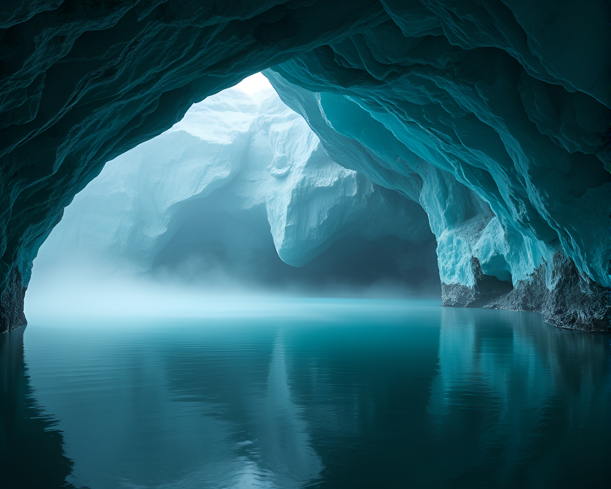 Majestic Glacial Cave Shrouded in Mist – free AI stock image