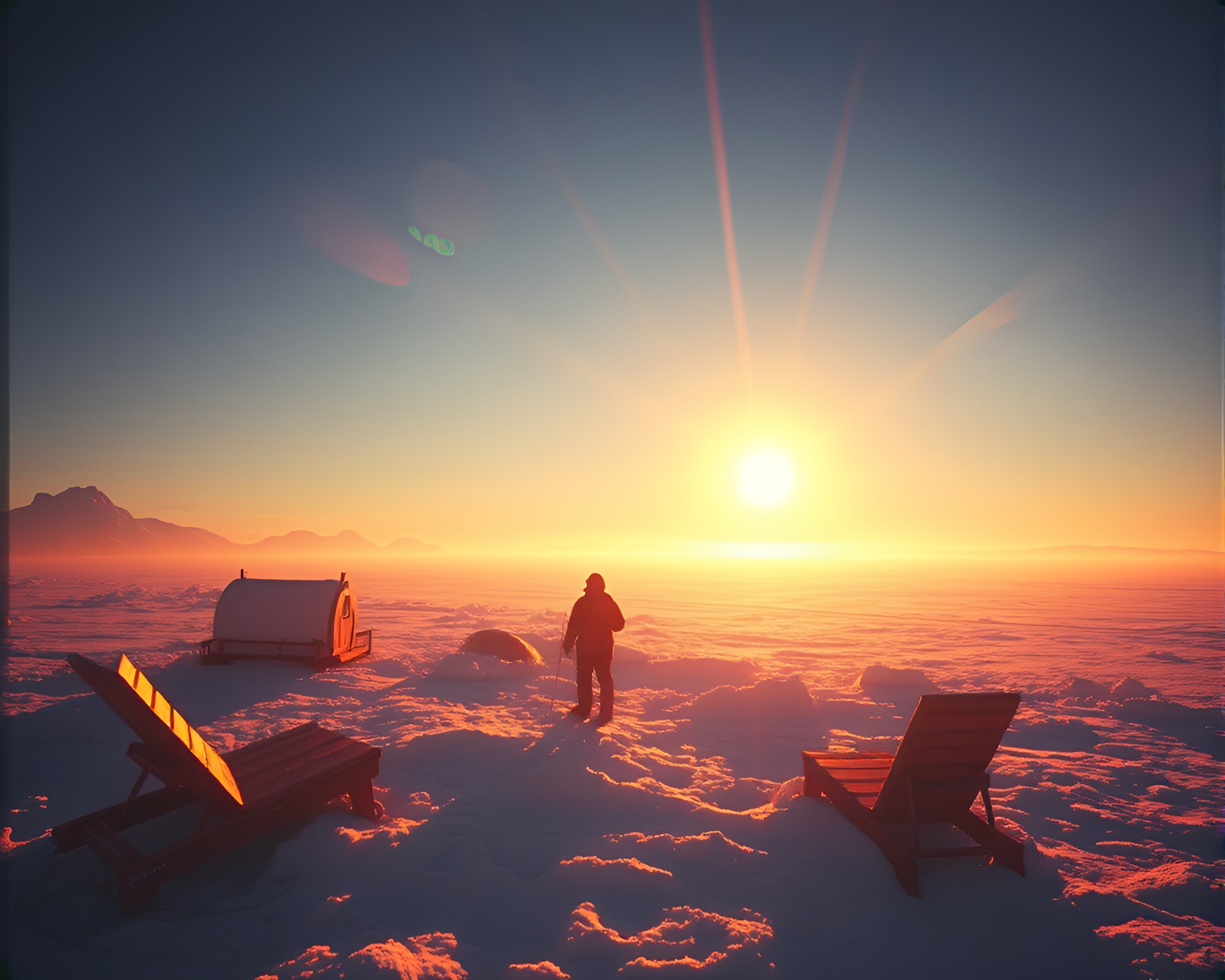 Futuristic Hot Spring Sun Glares in Antarctic Bliss – free AI stock image